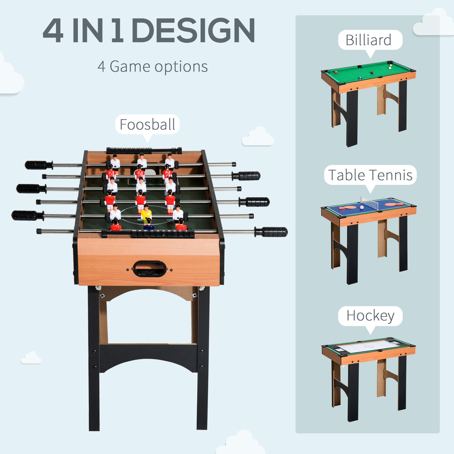 HOMCOM 4-in-1 Gaming Table: Hockey, Foosball, Tennis & Billiards - Multi Colour - ALL4U RETAILER LTD