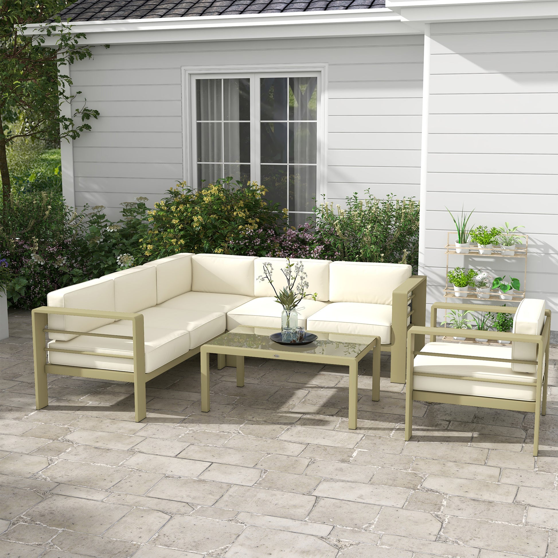 Outsunny Elegant 5-Piece Aluminium Garden Sofa Set with Cushions and Glass Top Table, Portable Patio Furniture in Gold Tone - ALL4U RETAILER LTD