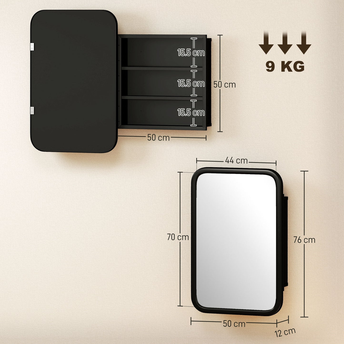 HOMCOM Bathroom Wall Cabinet With Tempered Mirror And Metal Frame For Bathroom Storage 3 Shelves Black