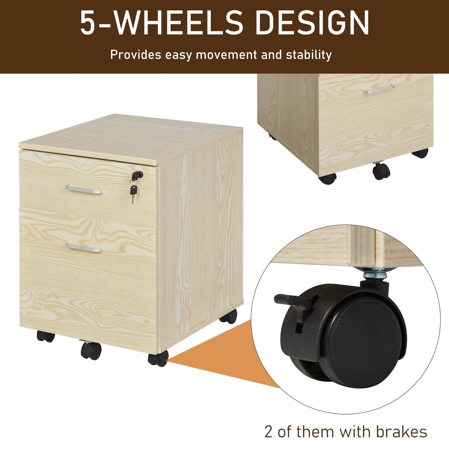 Vinsetto Portable Filing Cabinet with Lock - Oak Finish - ALL4U RETAILER LTD