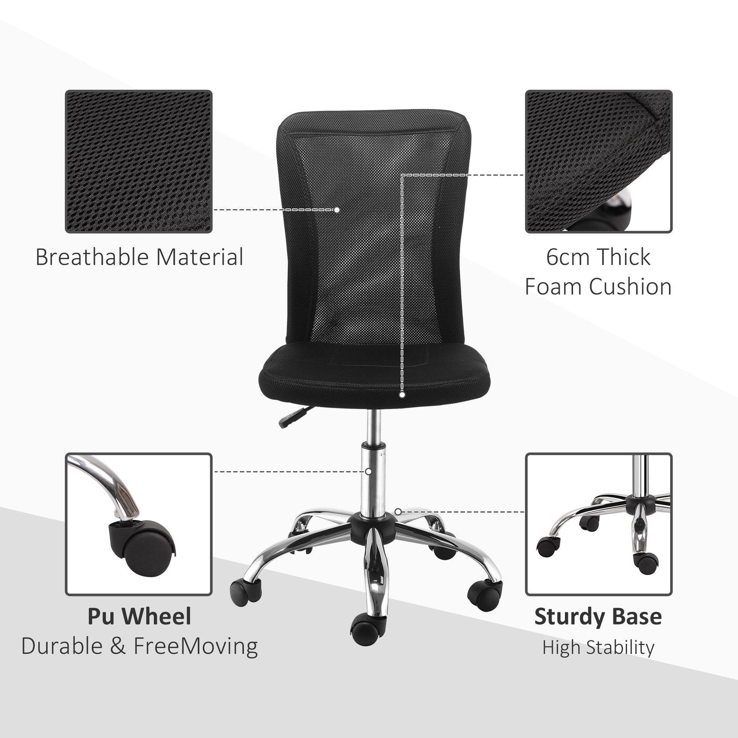 Vinsetto Armless Office Chair - Ergonomic & Adjustable (Black) - ALL4U RETAILER LTD