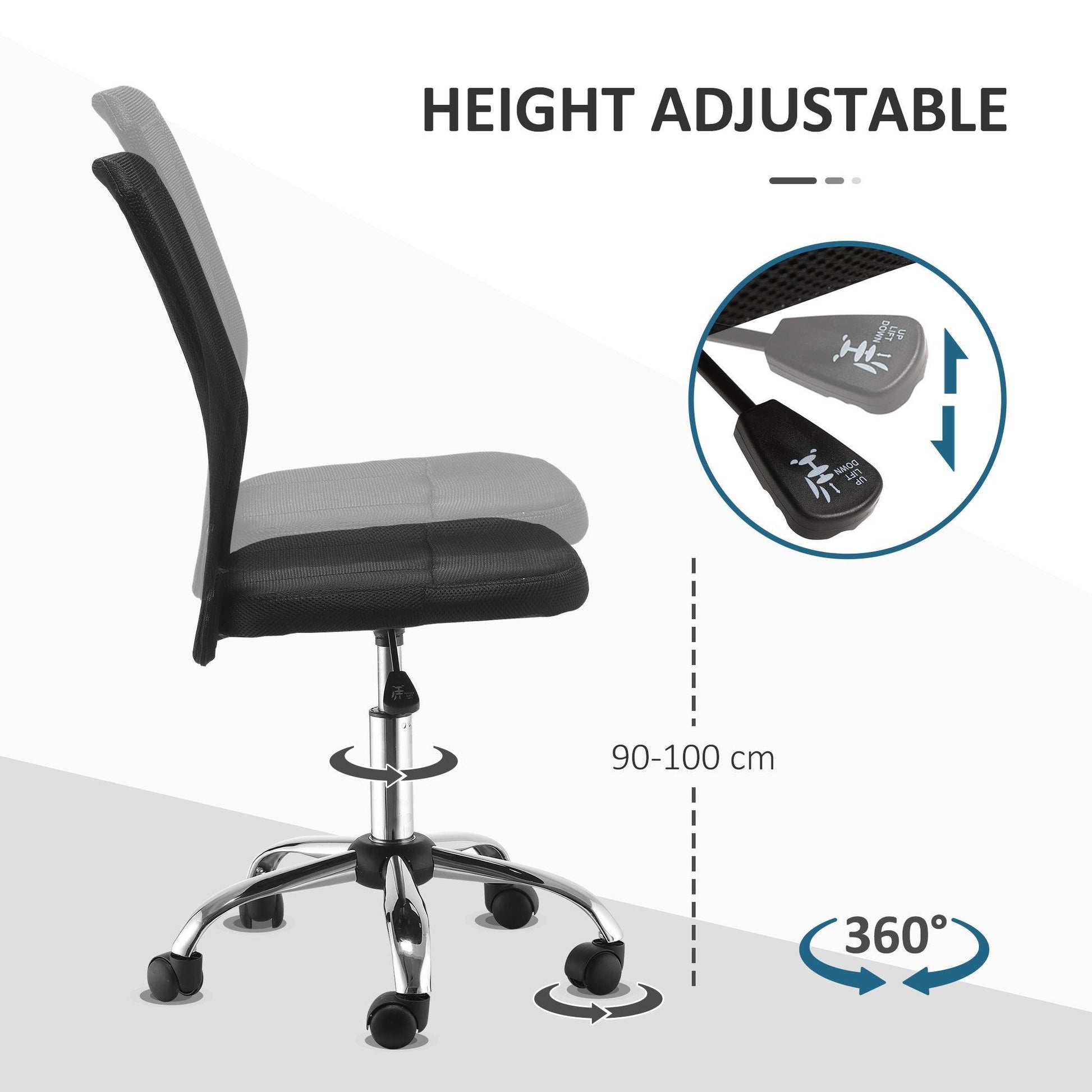 Vinsetto Armless Office Chair - Ergonomic & Adjustable (Black) - ALL4U RETAILER LTD