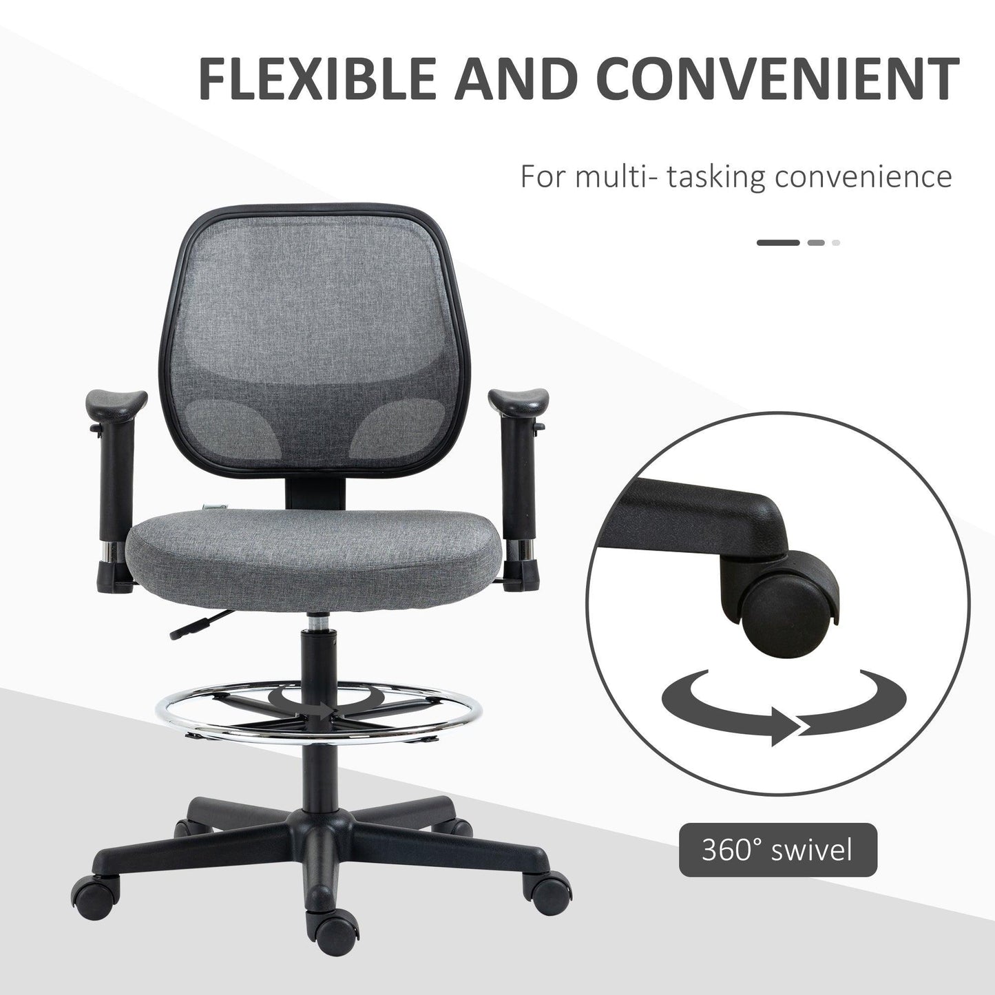 Vinsetto Drafting Chair-Grey with Adjustable Footrest - ALL4U RETAILER LTD