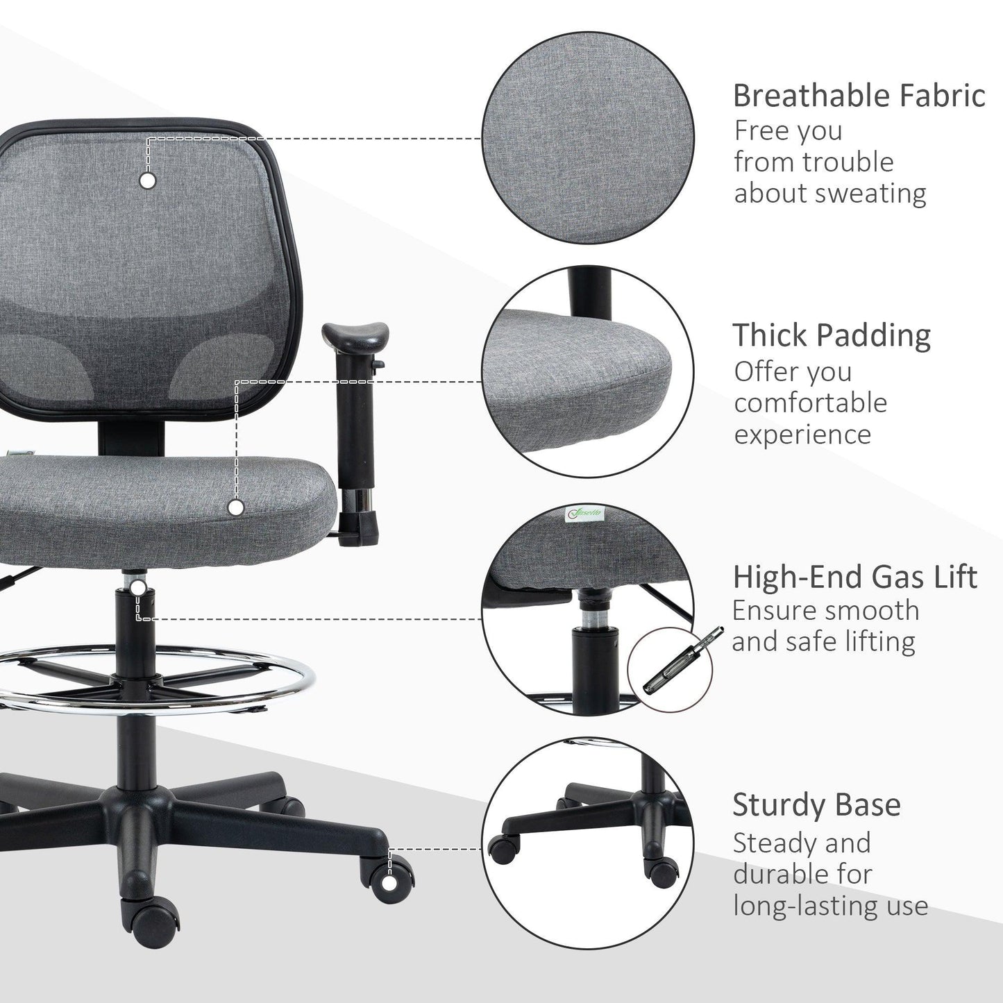 Vinsetto Drafting Chair-Grey with Adjustable Footrest - ALL4U RETAILER LTD