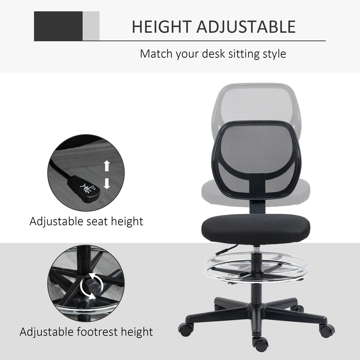 Vinsetto ErgoMesh Standing Desk Chair: Adjustable & Comfy - ALL4U RETAILER LTD