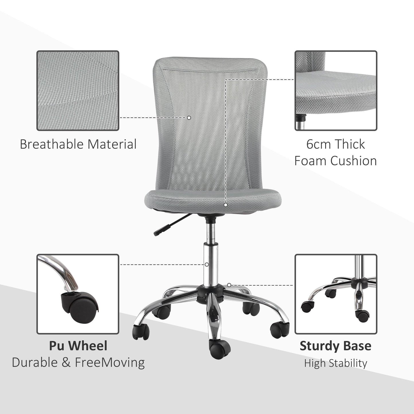 Vinsetto Ergonomic Armless Mesh Office Chair - Grey - ALL4U RETAILER LTD