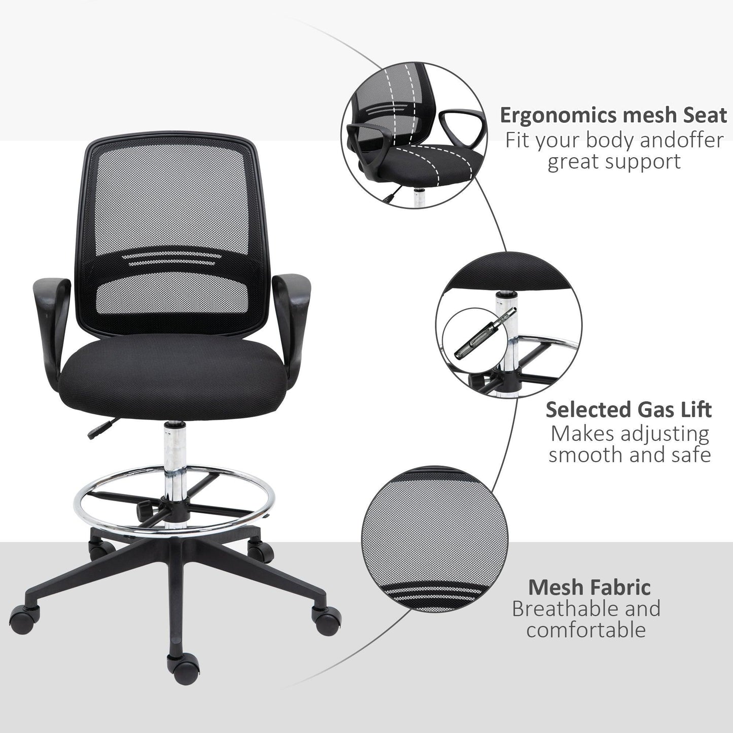 Vinsetto Ergonomic Drafting Chair: Adjustable Height, Footrest - ALL4U RETAILER LTD