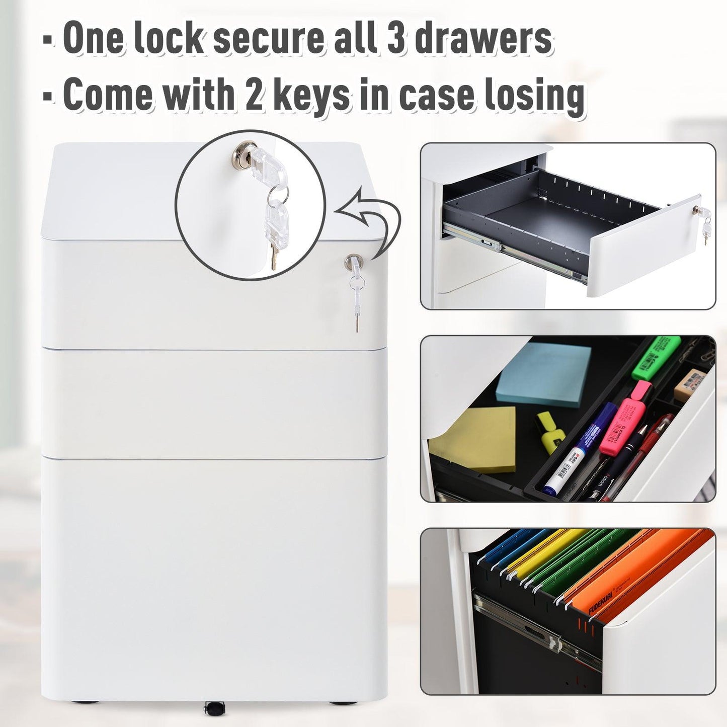 Vinsetto File Cabinet - Lockable 3-Drawer Steel Storage - ALL4U RETAILER LTD