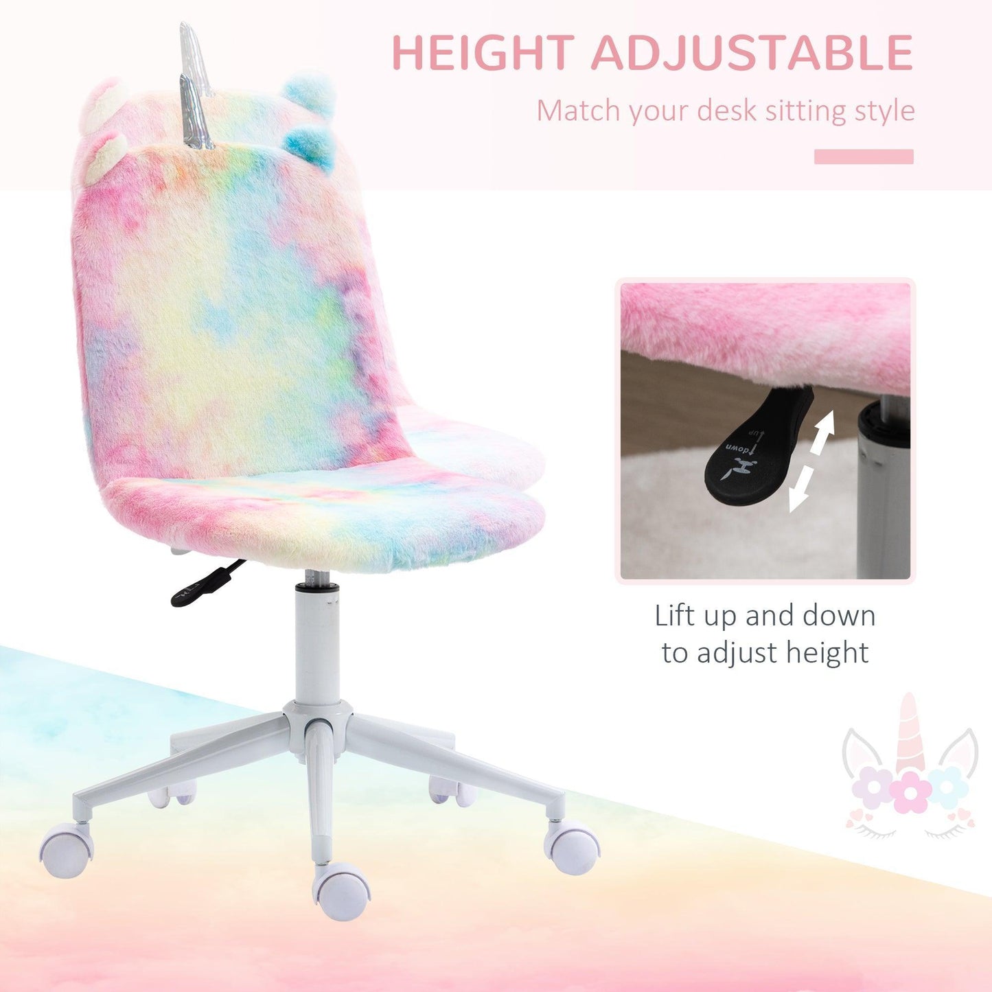 Vinsetto Fluffy Unicorn Chair, Swivel, Rainbow - Cute & Comfy - ALL4U RETAILER LTD