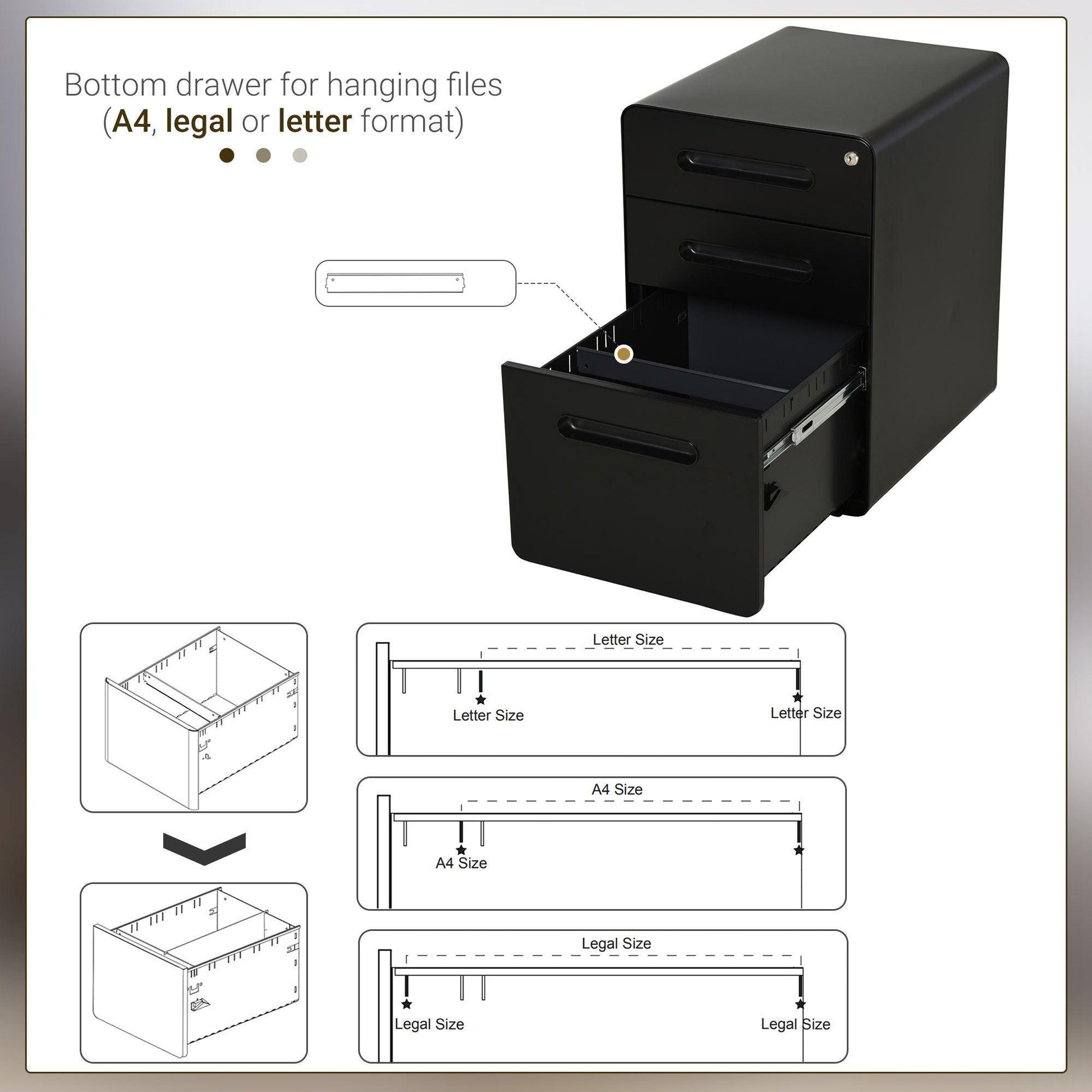 Vinsetto 3-Drawer Lockable File Cabinet - Black - ALL4U RETAILER LTD