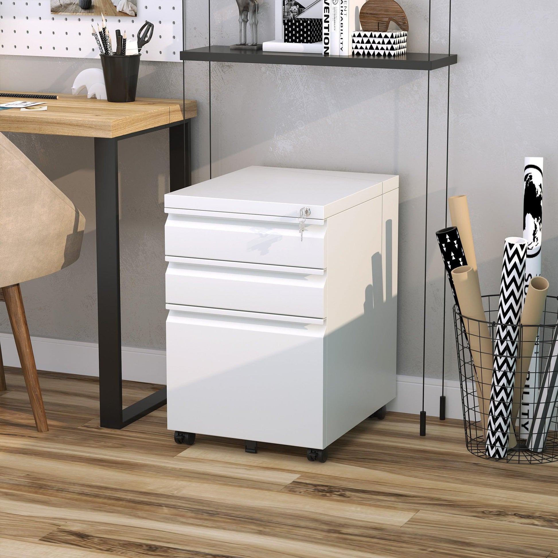 Vinsetto Lockable 3-Drawer Vinsetto Mobile File Cabinet - ALL4U RETAILER LTD