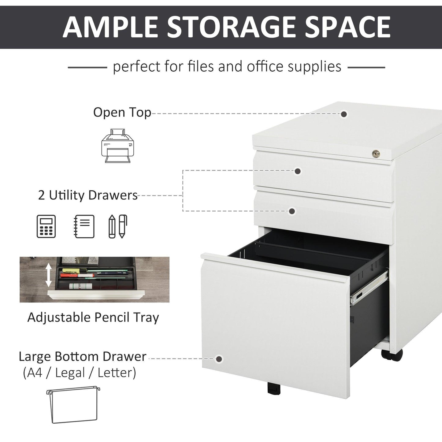 Vinsetto Lockable 3-Drawer Vinsetto Mobile File Cabinet - ALL4U RETAILER LTD