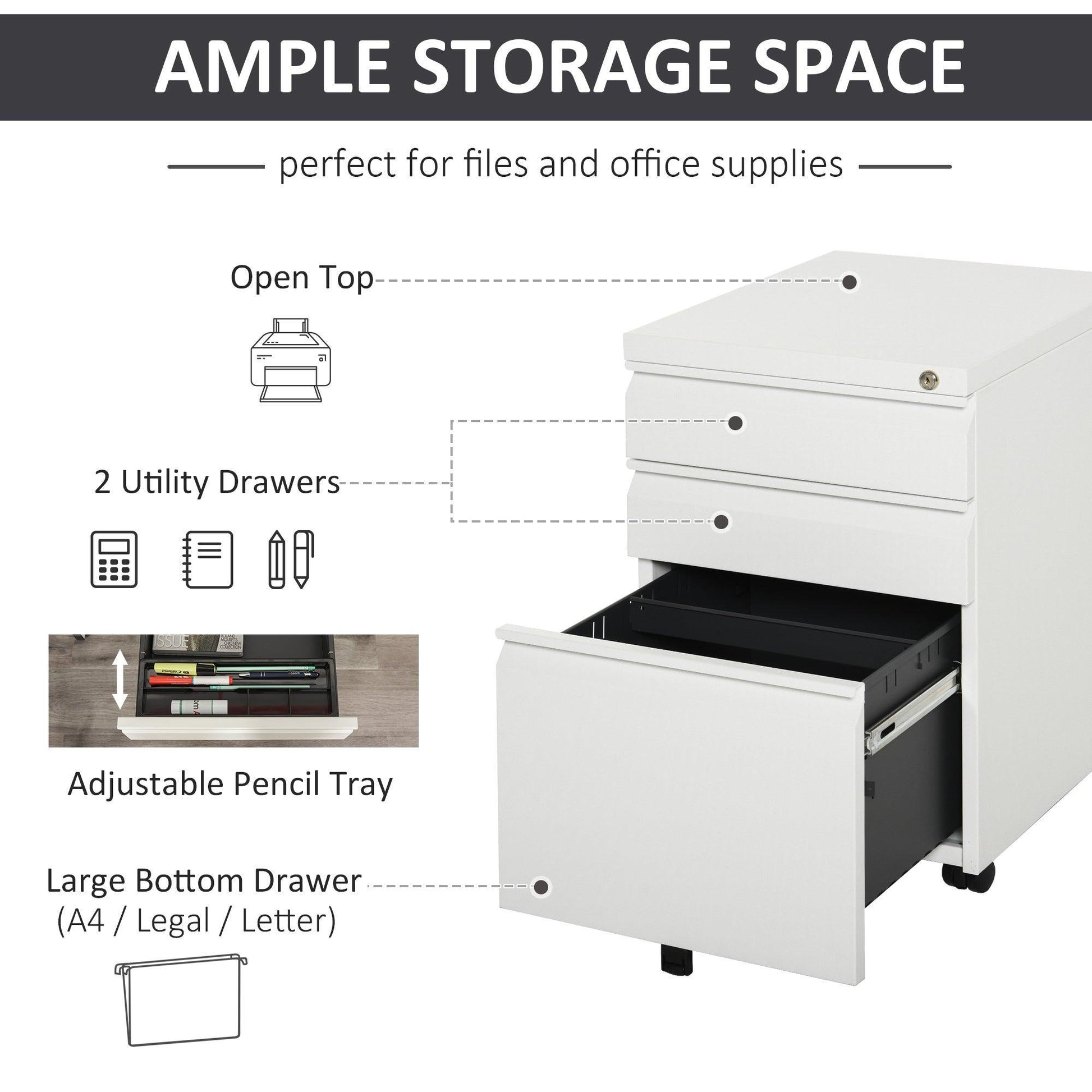 Vinsetto Lockable 3-Drawer Vinsetto Mobile File Cabinet - ALL4U RETAILER LTD