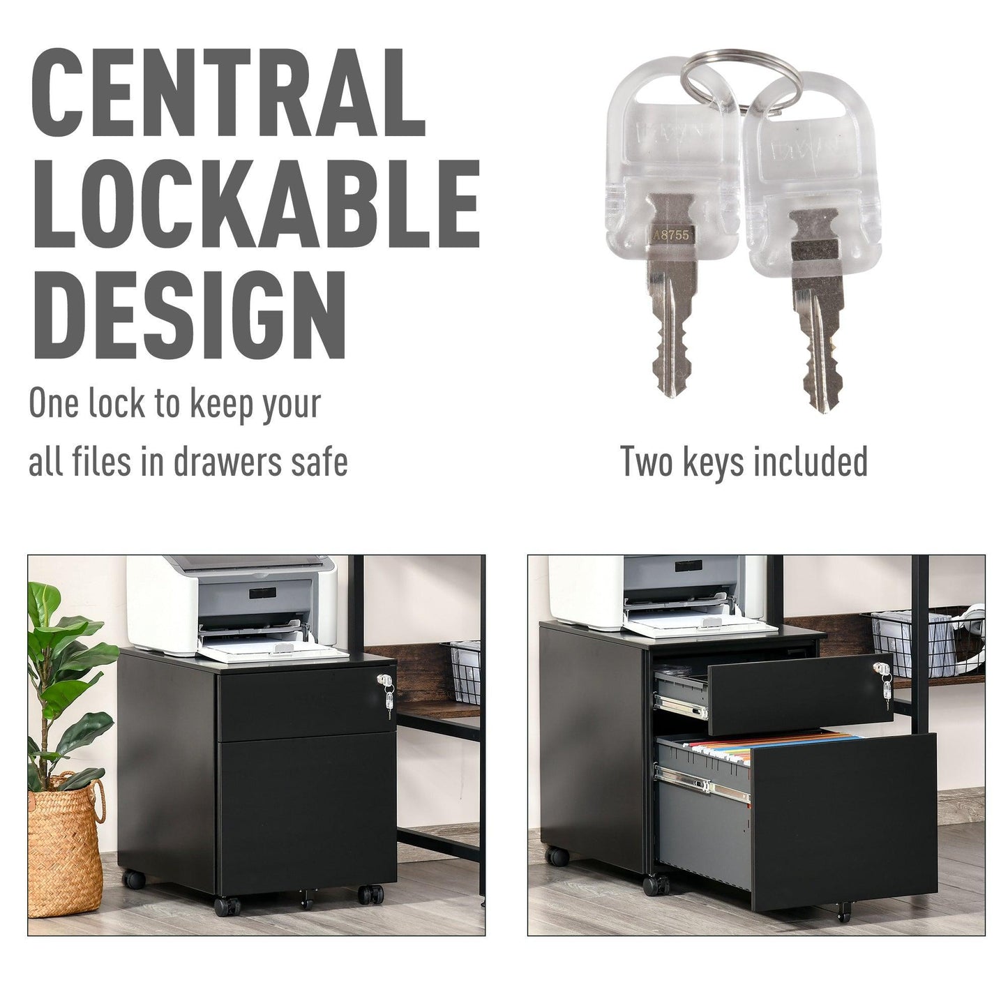 Vinsetto Lockable Steel Vertical File Cabinet with Casters - ALL4U RETAILER LTD