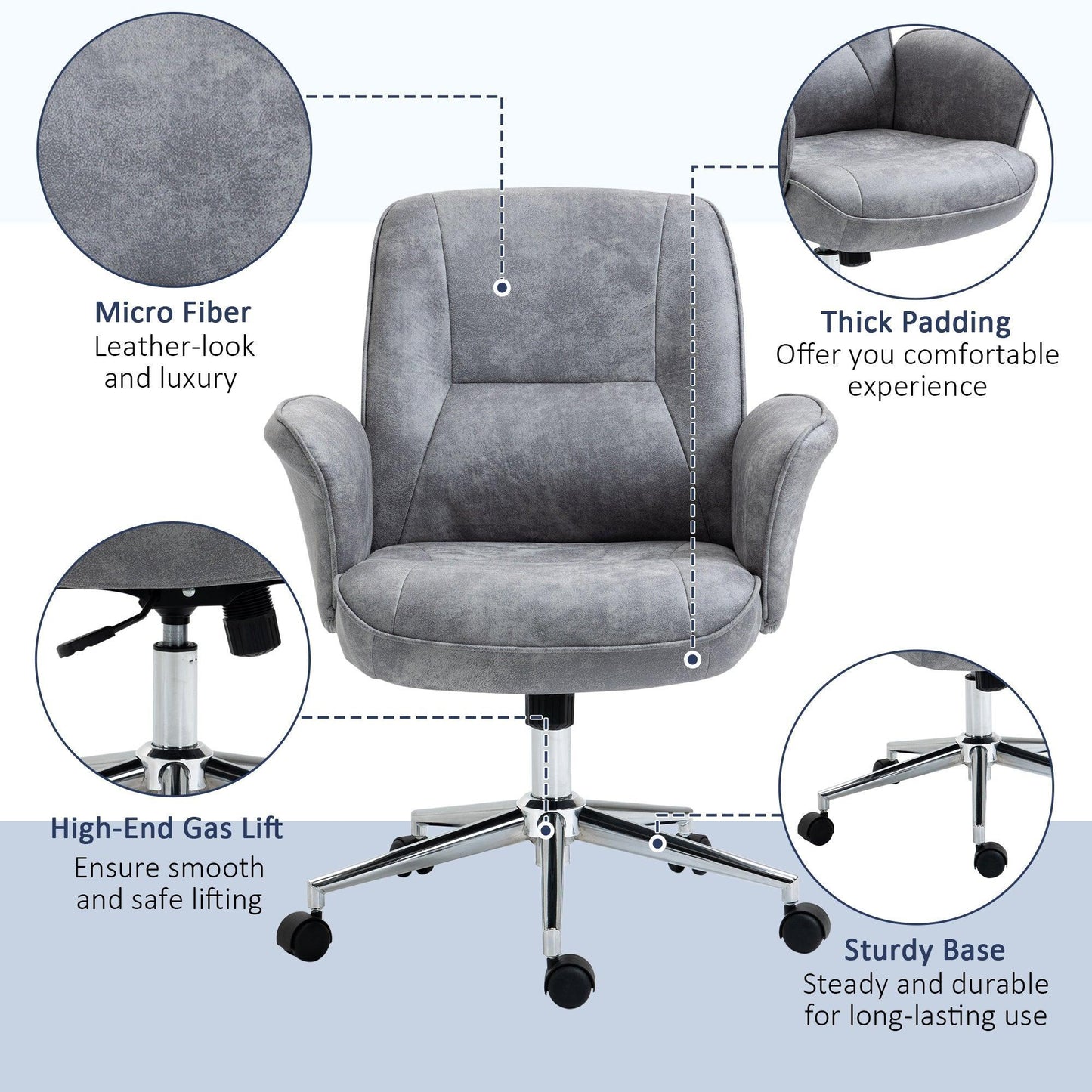 Vinsetto Mid-Back Swivel Chair: Faux Microfibre, Light Grey - ALL4U RETAILER LTD