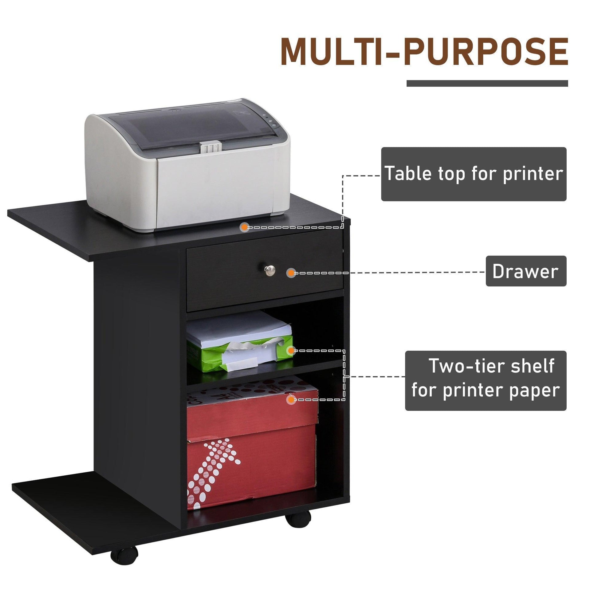 Vinsetto Mobile Printer Stand with Adjustable Shelf and Wheels - Black - ALL4U RETAILER LTD