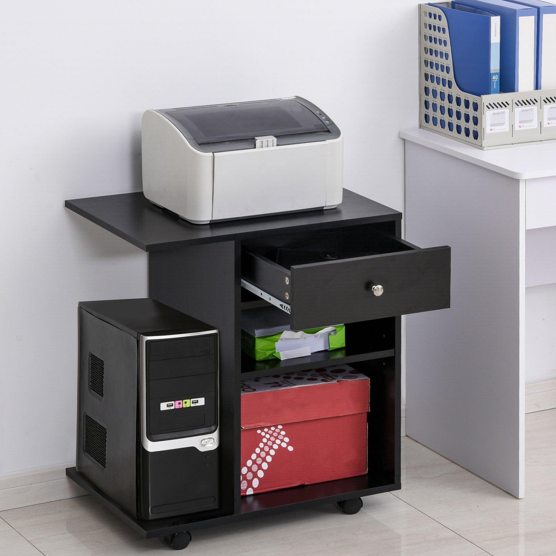 Vinsetto Mobile Printer Stand with Adjustable Shelf and Wheels - Black - ALL4U RETAILER LTD