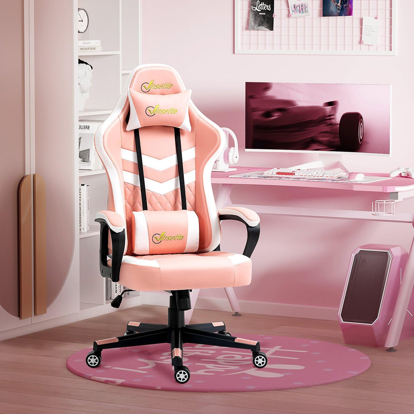 Vinsetto Pink Gaming Chair w/ Lumbar Support and Headrest - ALL4U RETAILER LTD