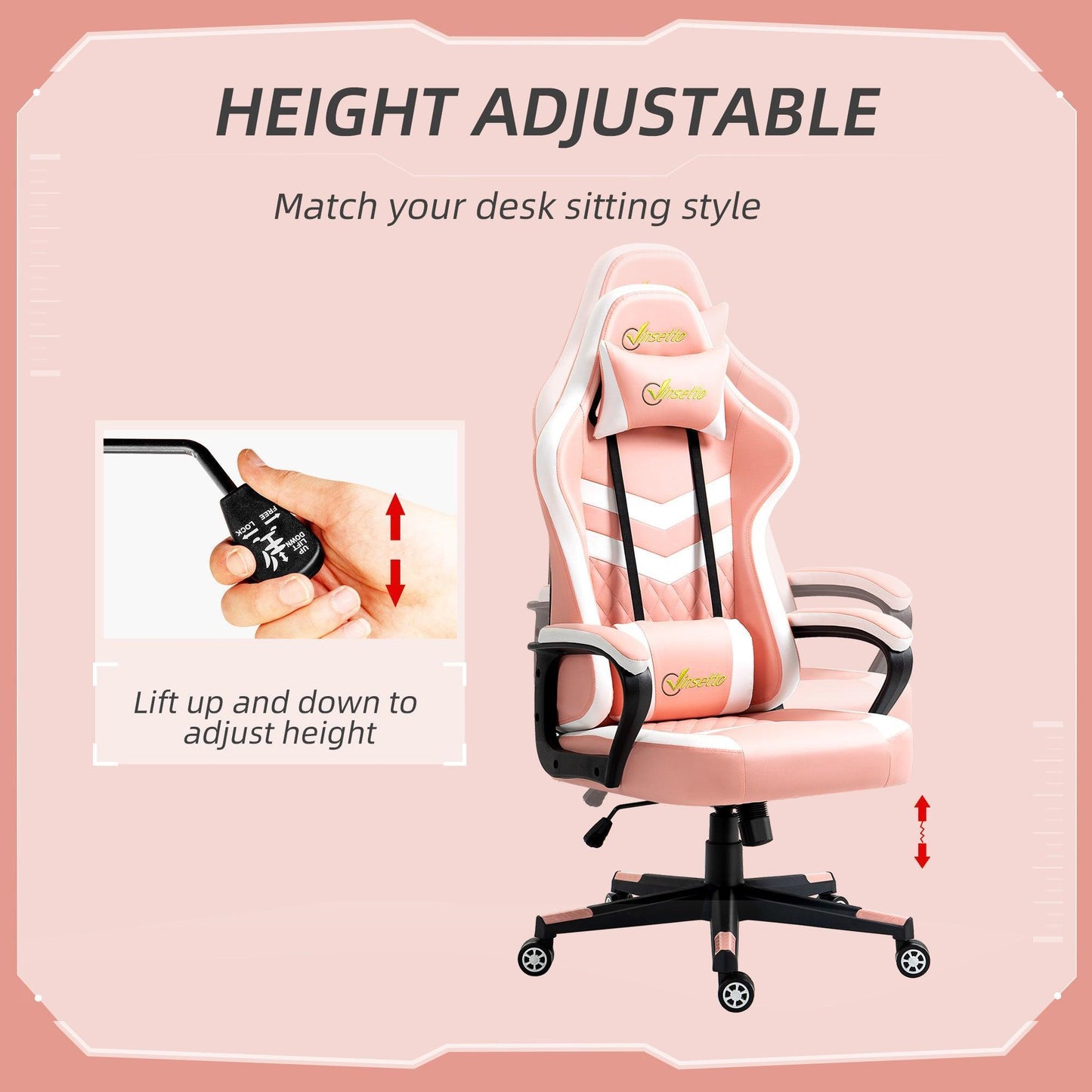 Vinsetto Pink Gaming Chair w/ Lumbar Support and Headrest - ALL4U RETAILER LTD