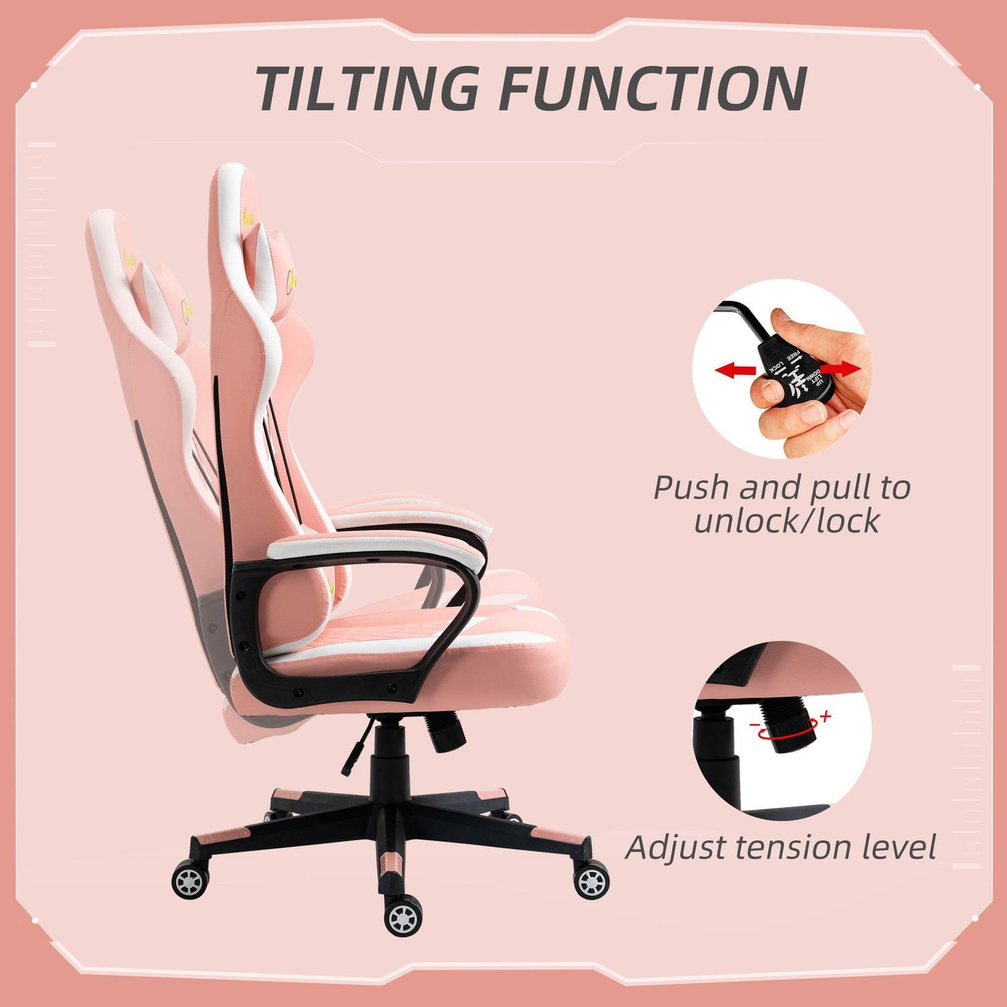 Vinsetto Pink Gaming Chair w/ Lumbar Support and Headrest - ALL4U RETAILER LTD