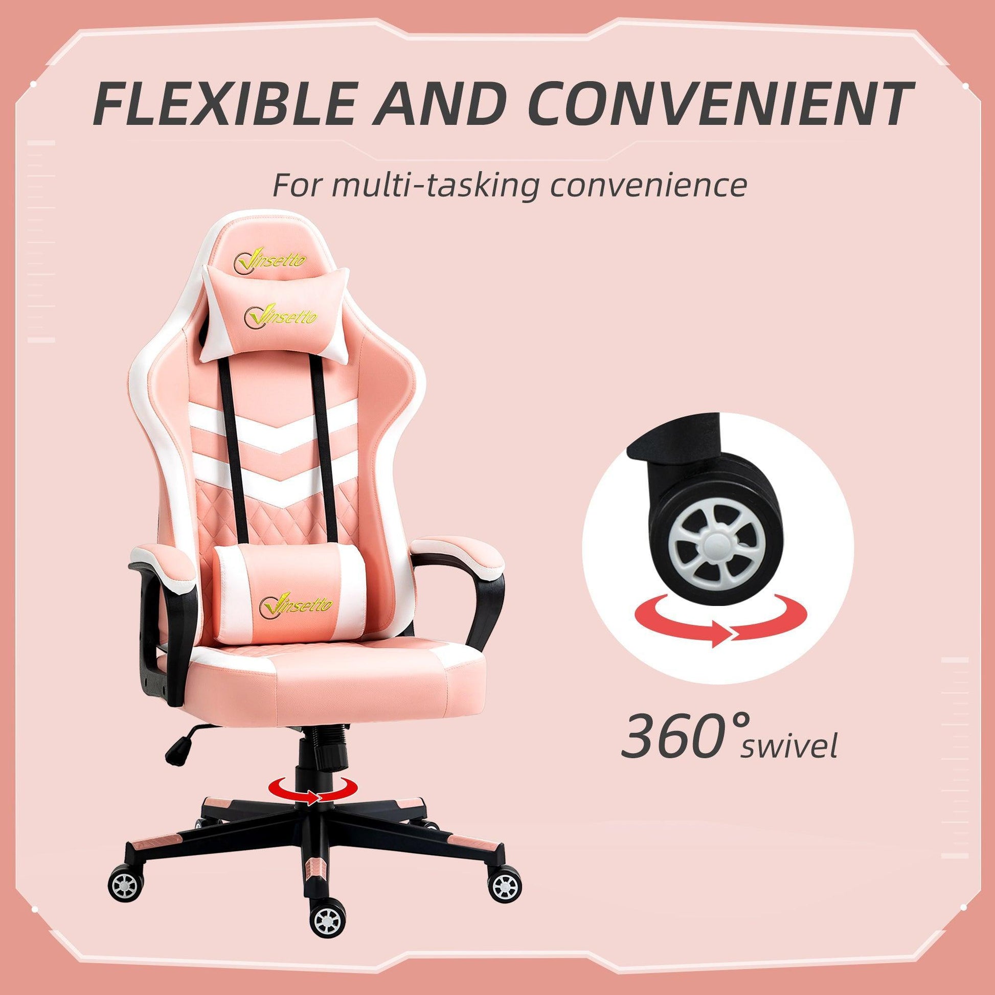 Vinsetto Pink Gaming Chair w/ Lumbar Support and Headrest - ALL4U RETAILER LTD