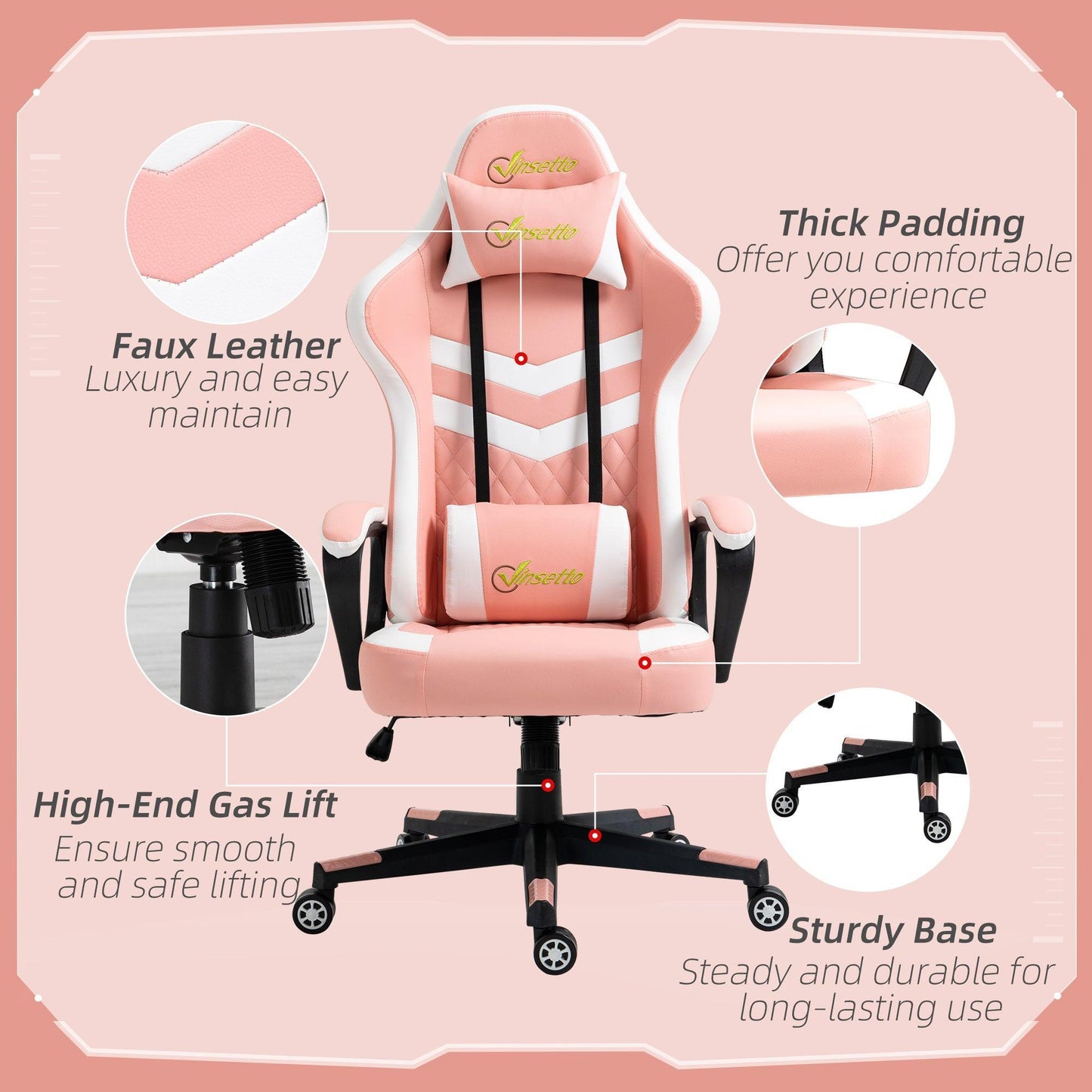 Vinsetto Pink Gaming Chair w/ Lumbar Support and Headrest - ALL4U RETAILER LTD