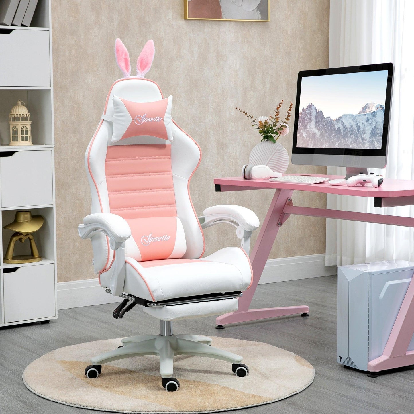 Vinsetto Pink Gaming Chair with Rabbit Ears, Footrest and Support - ALL4U RETAILER LTD