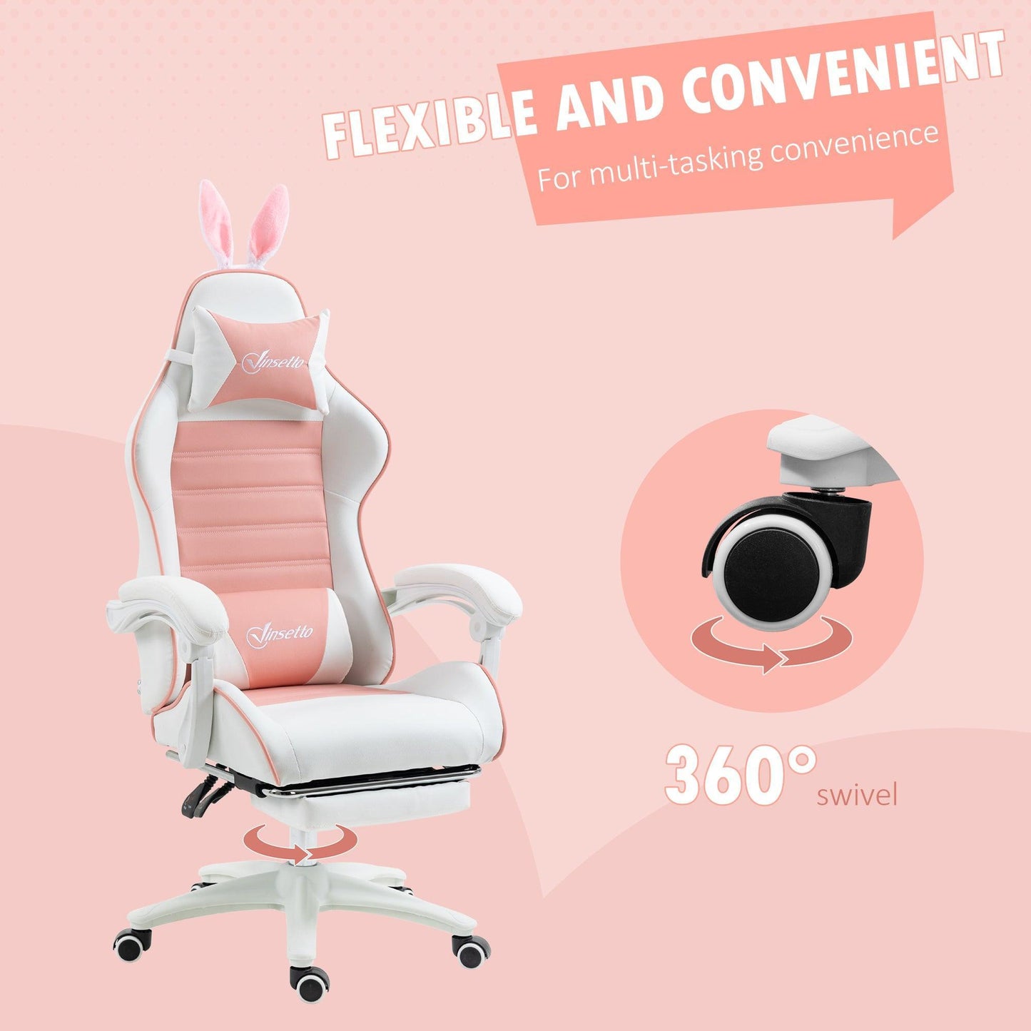 Vinsetto Pink Gaming Chair with Rabbit Ears, Footrest and Support - ALL4U RETAILER LTD
