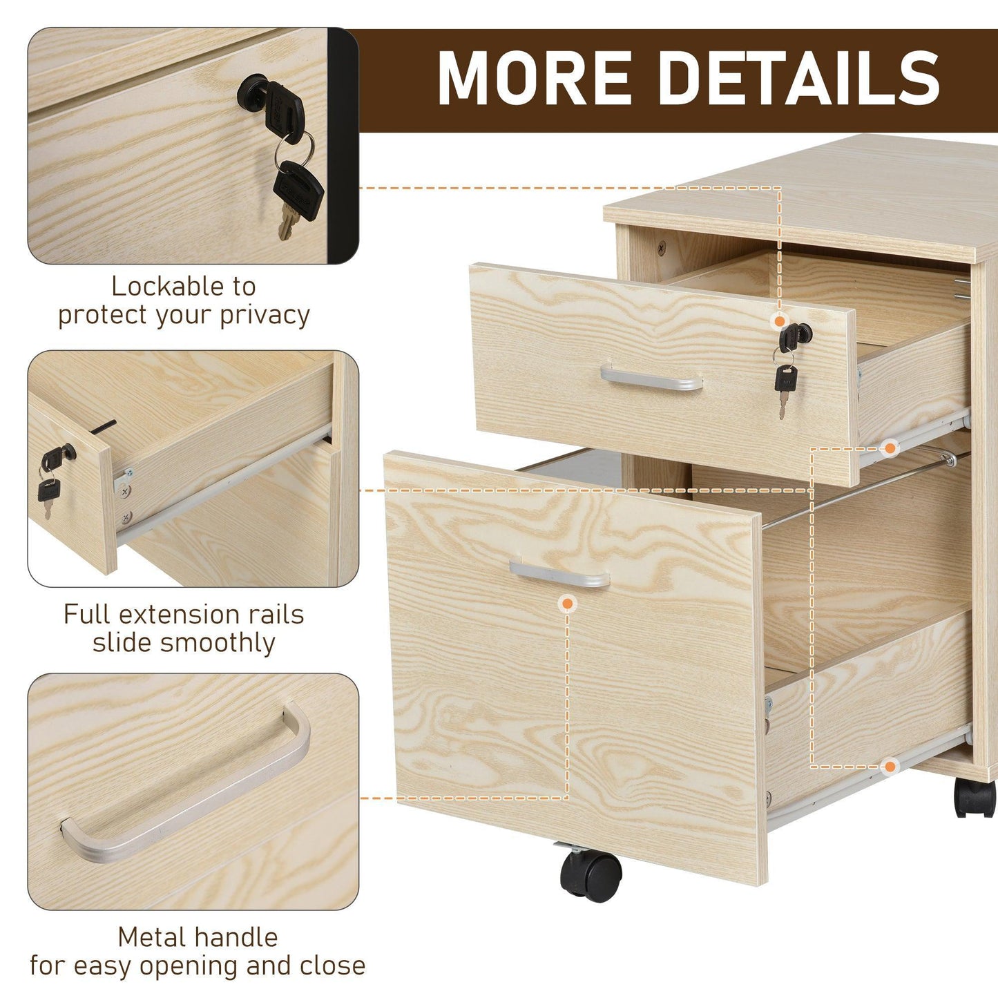 Vinsetto Portable Filing Cabinet with Lock - Oak Finish - ALL4U RETAILER LTD