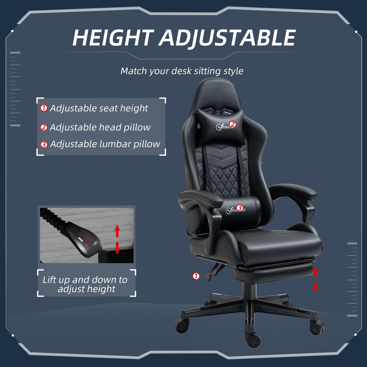 Vinsetto Racing Gaming Chair + Footrest - Black - ALL4U RETAILER LTD