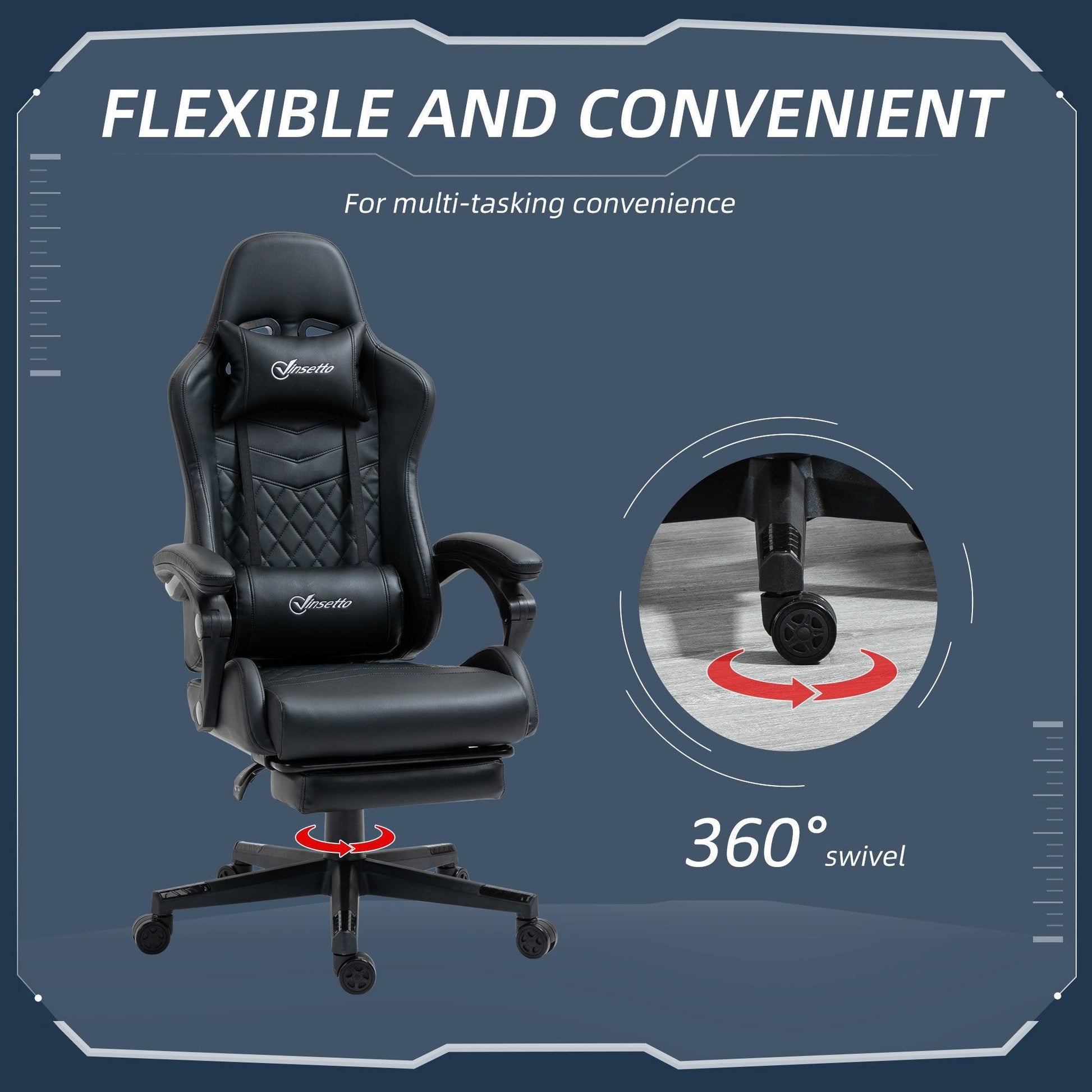 Vinsetto Racing Gaming Chair + Footrest - Black - ALL4U RETAILER LTD