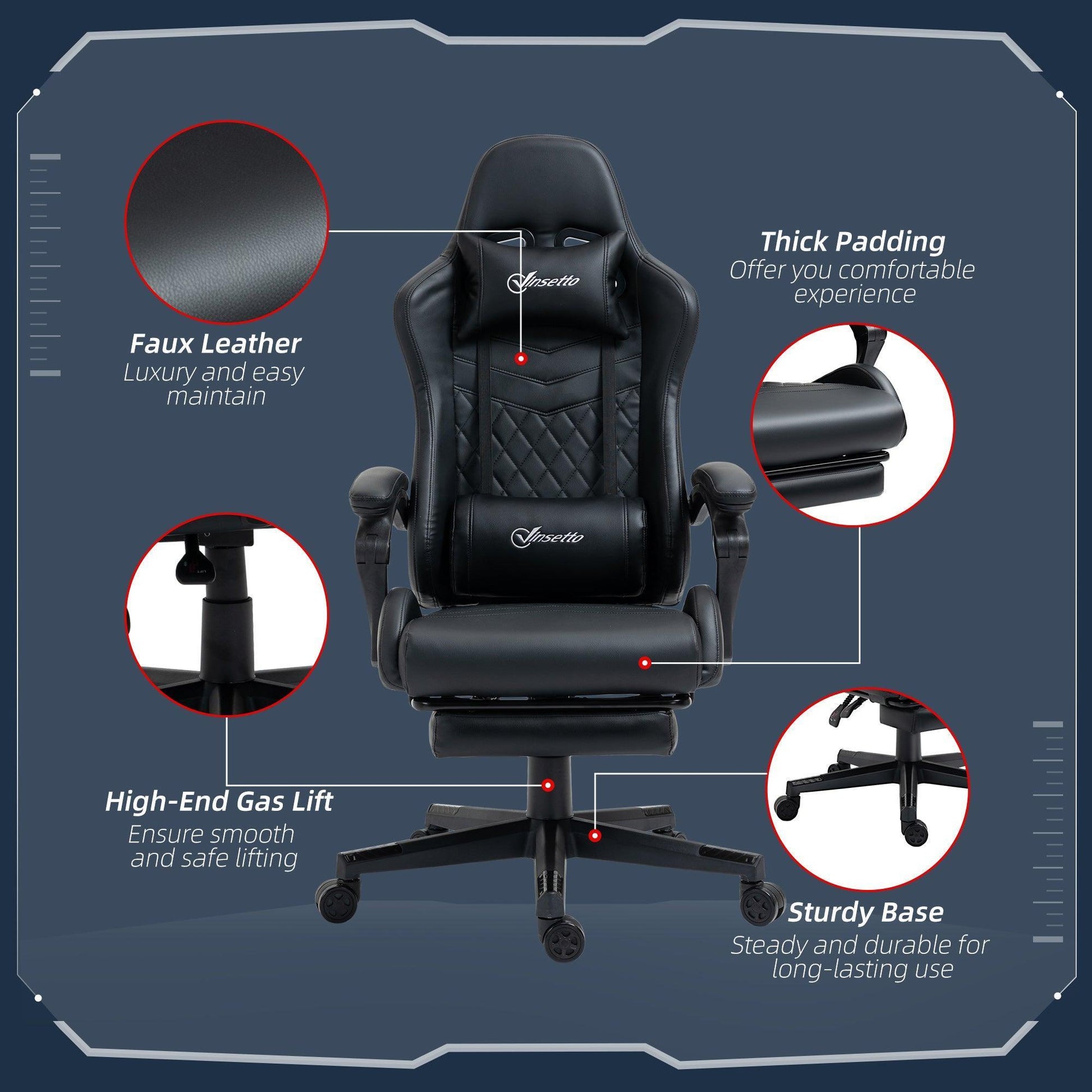 Vinsetto Racing Gaming Chair + Footrest - Black - ALL4U RETAILER LTD