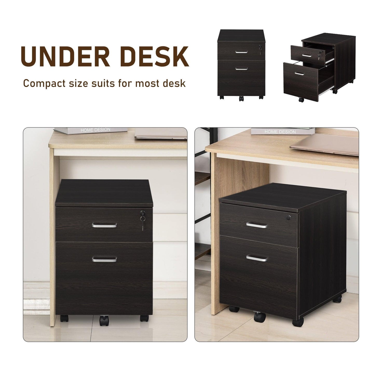 Vinsetto Rolling Office Filing Cabinet with Lock- 2 Drawers - ALL4U RETAILER LTD