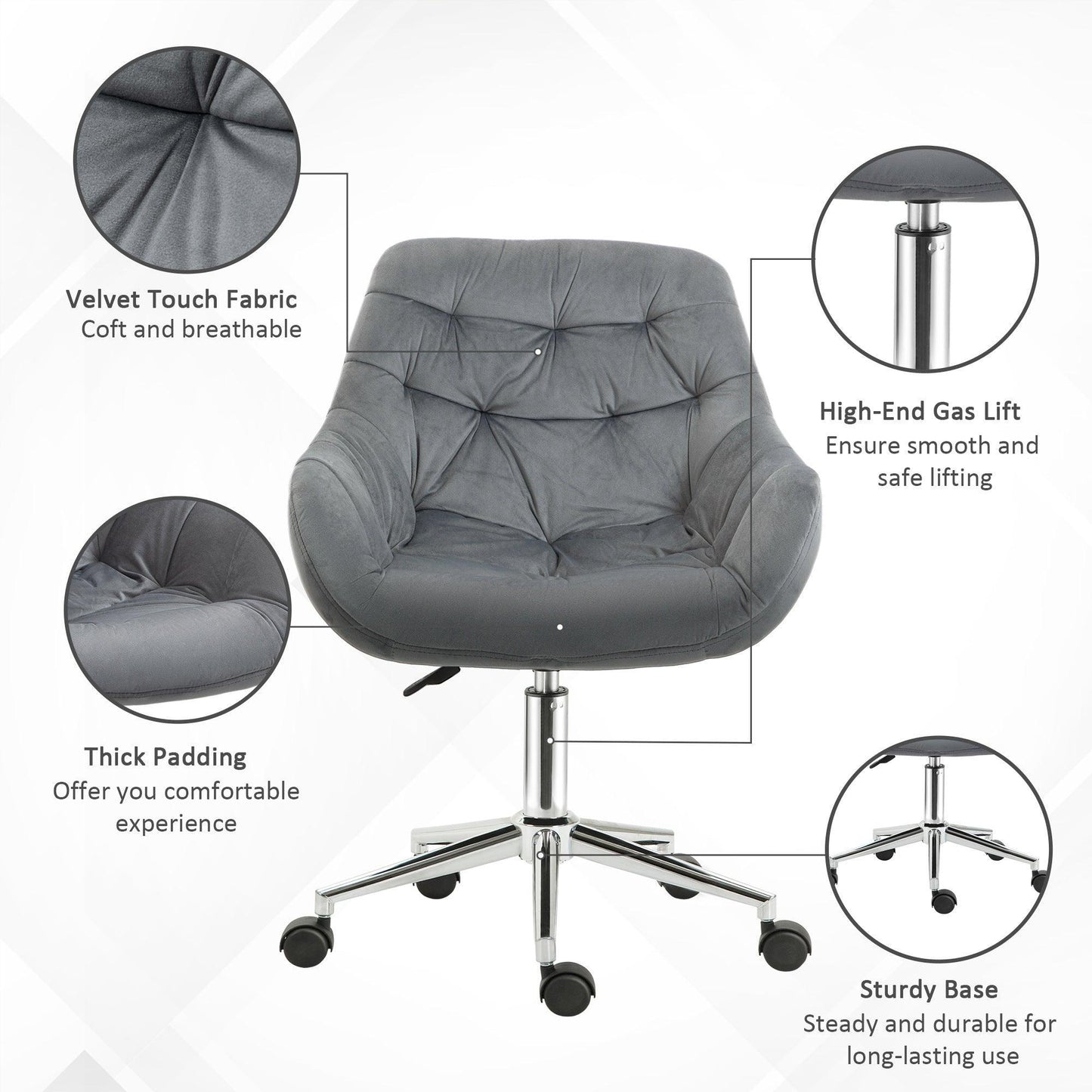 Vinsetto Velvet Swivel Chair - Adjustable Ergonomic Office Chair - ALL4U RETAILER LTD