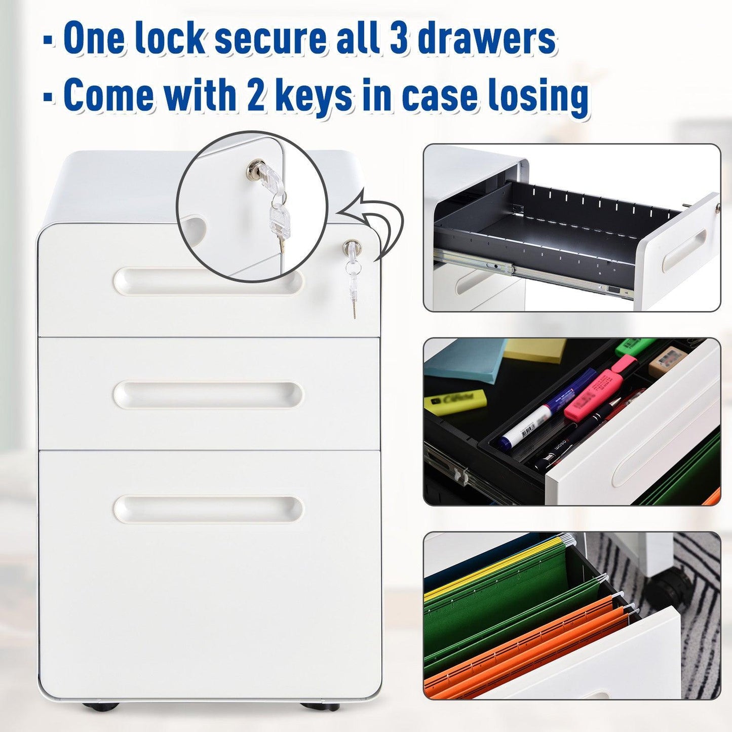 Vinsetto White 3-Drawer Mobile File Cabinet - Lockable & Assembled - ALL4U RETAILER LTD