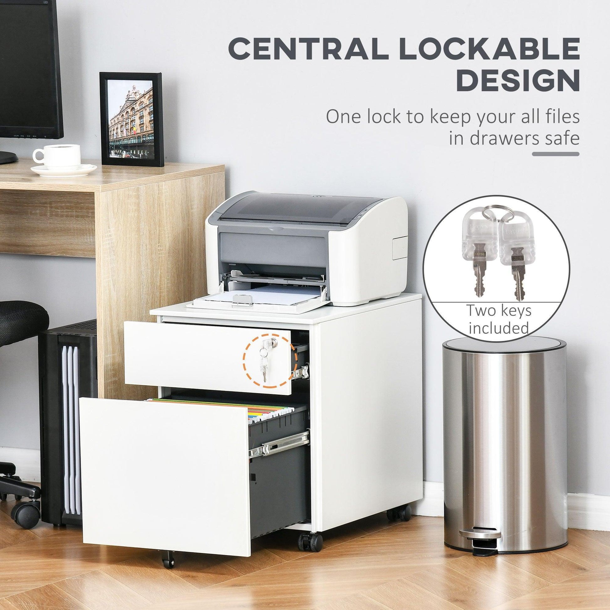 Vinsetto White Steel File Cabinet with Lock, Pencil Tray, Casters - ALL4U RETAILER LTD