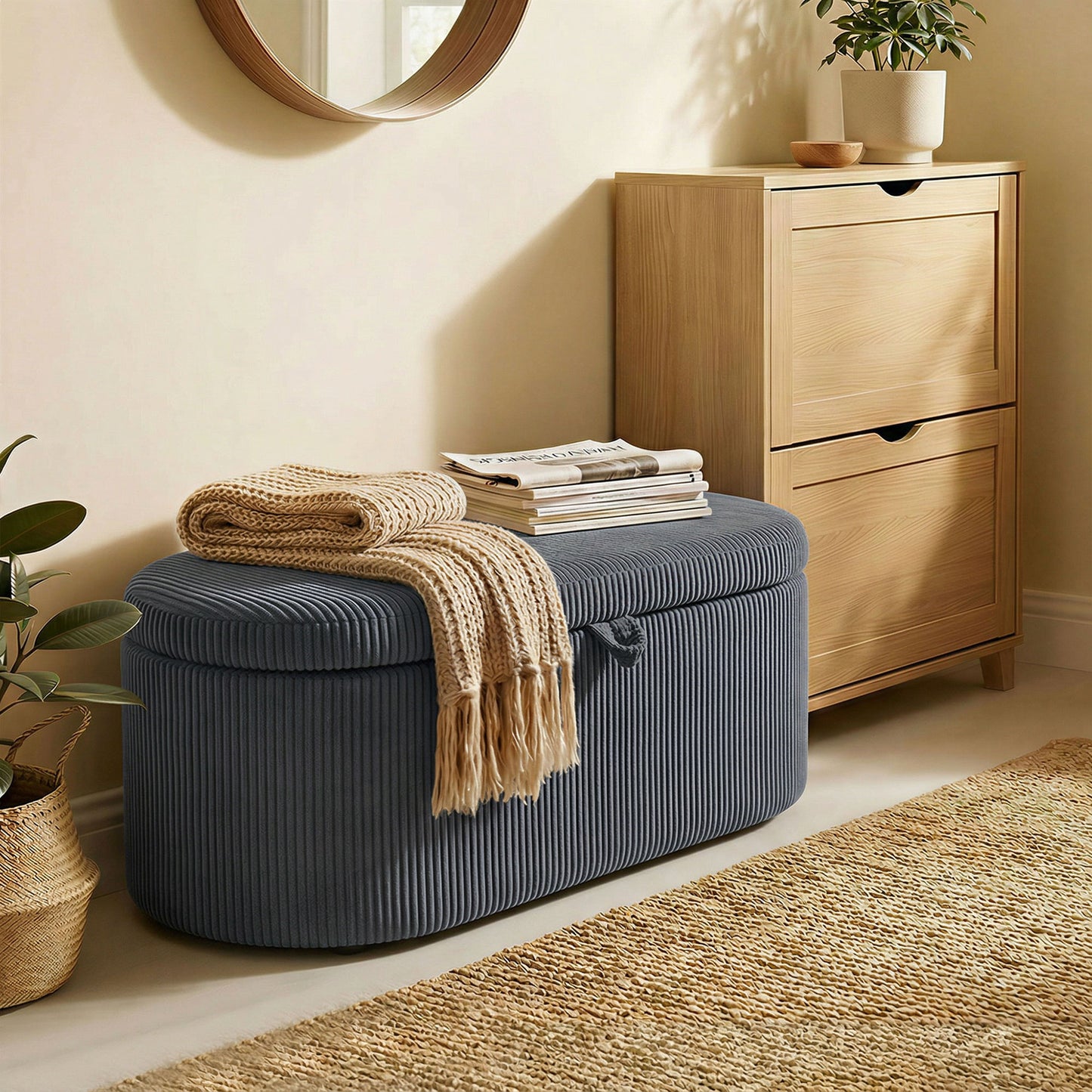HOMCOM Storage Ottoman Corduroy Upholstered Storage Box With Padded Seat Dark Grey