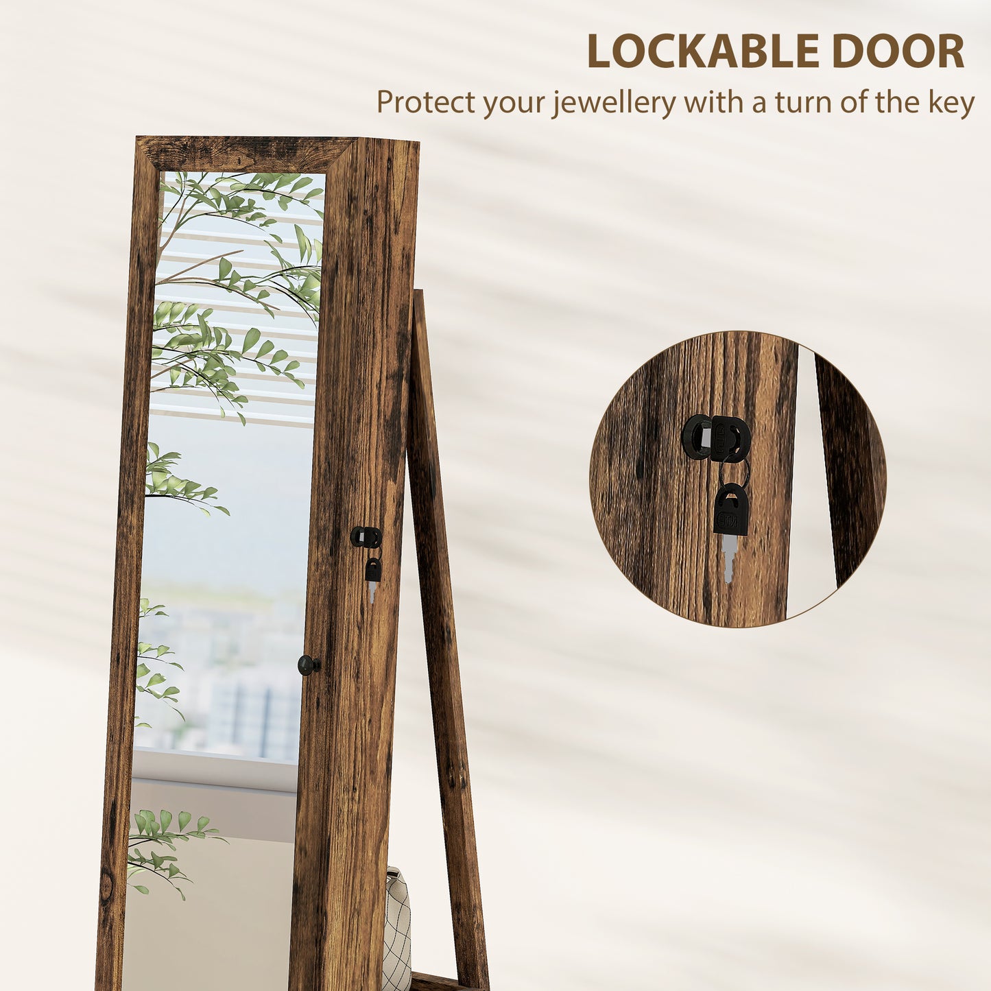 HOMCOM 360 Degree Swivel Jewellery Cabinet With Free Standing Full Length Makeup Mirror And Lockable Jewellery Organizer