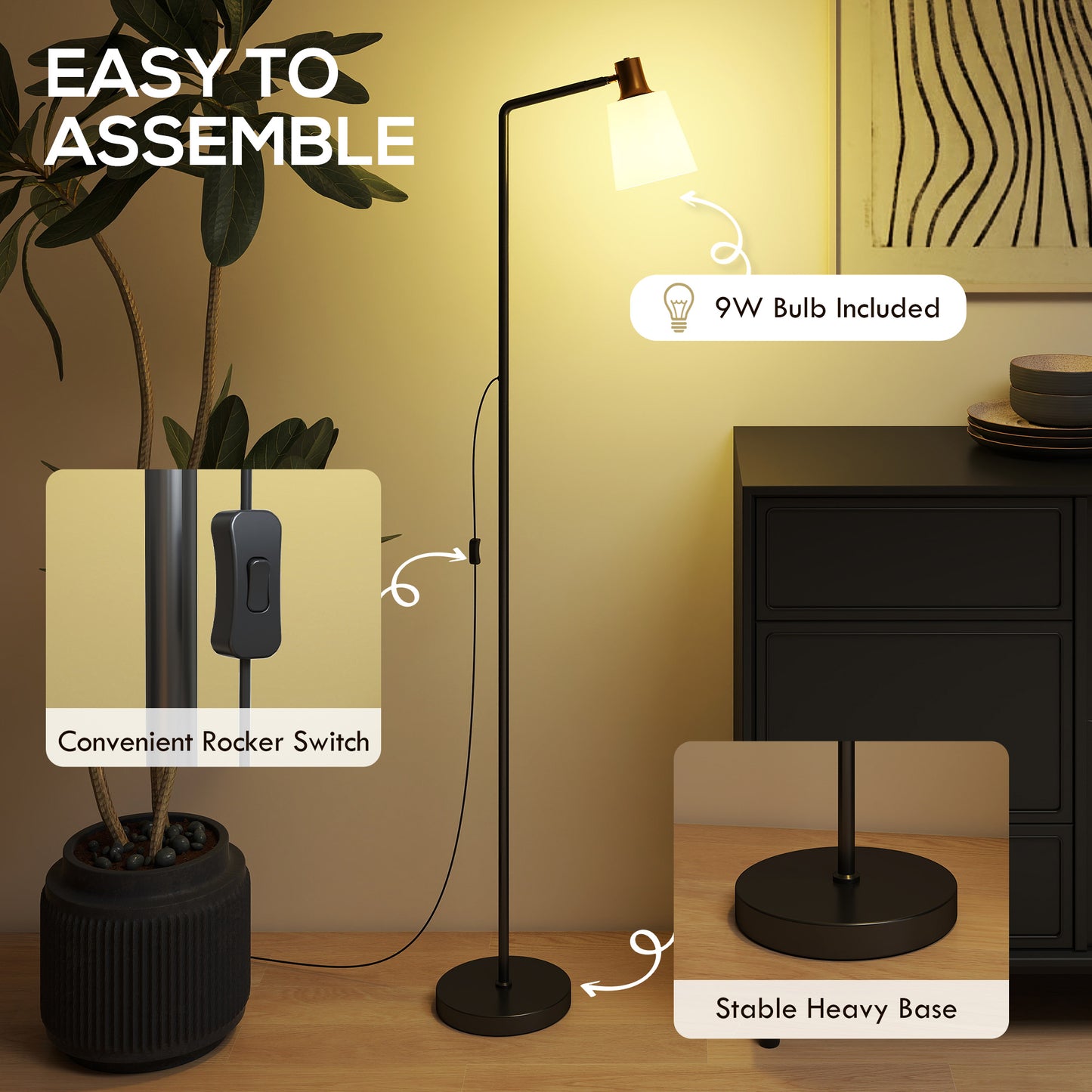 HOMCOM Floor Lamp With 350 Degree Rotatable Head And 3 Color Temperatures 3000K 4000K 6500K Living Room Black
