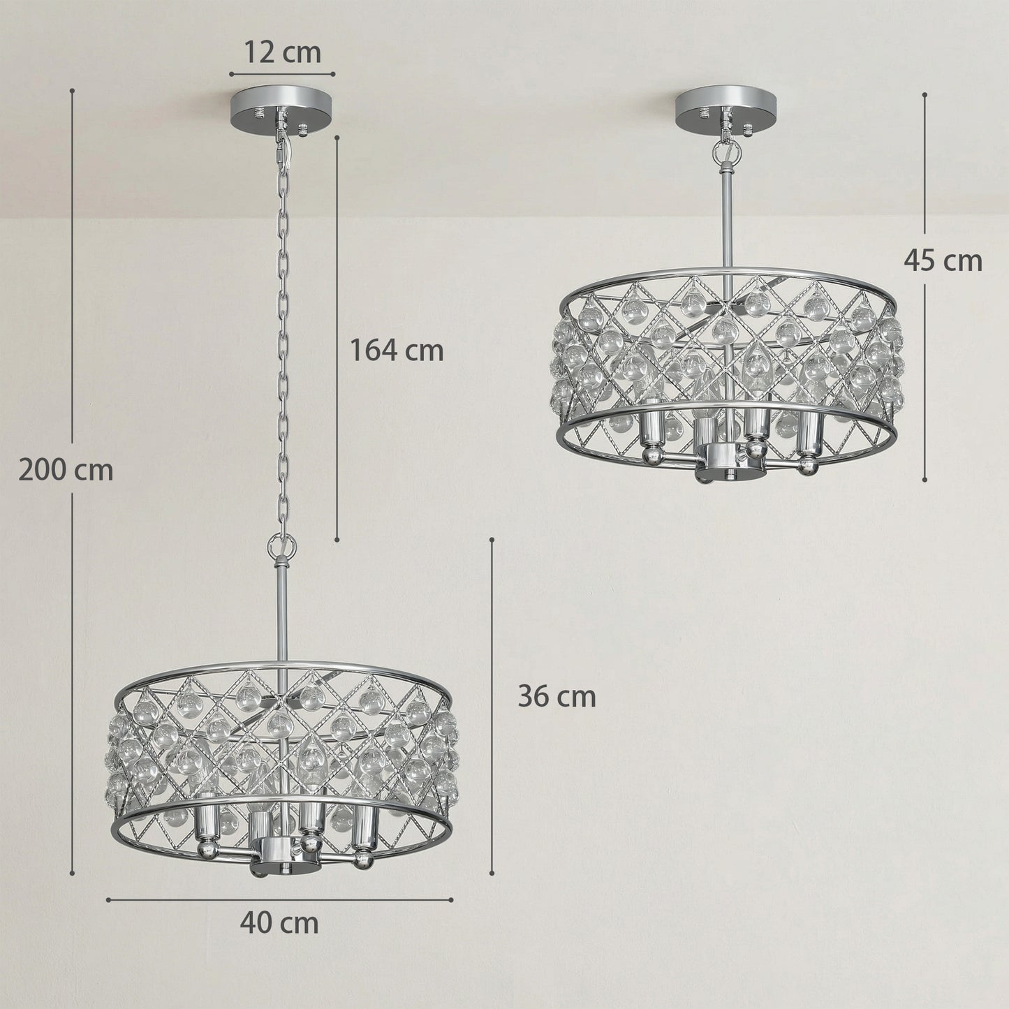 HOMCOM 51 Crystallite Four Bulb Heads Chandelier Silver Tone With Adjustable 130 cm Chain