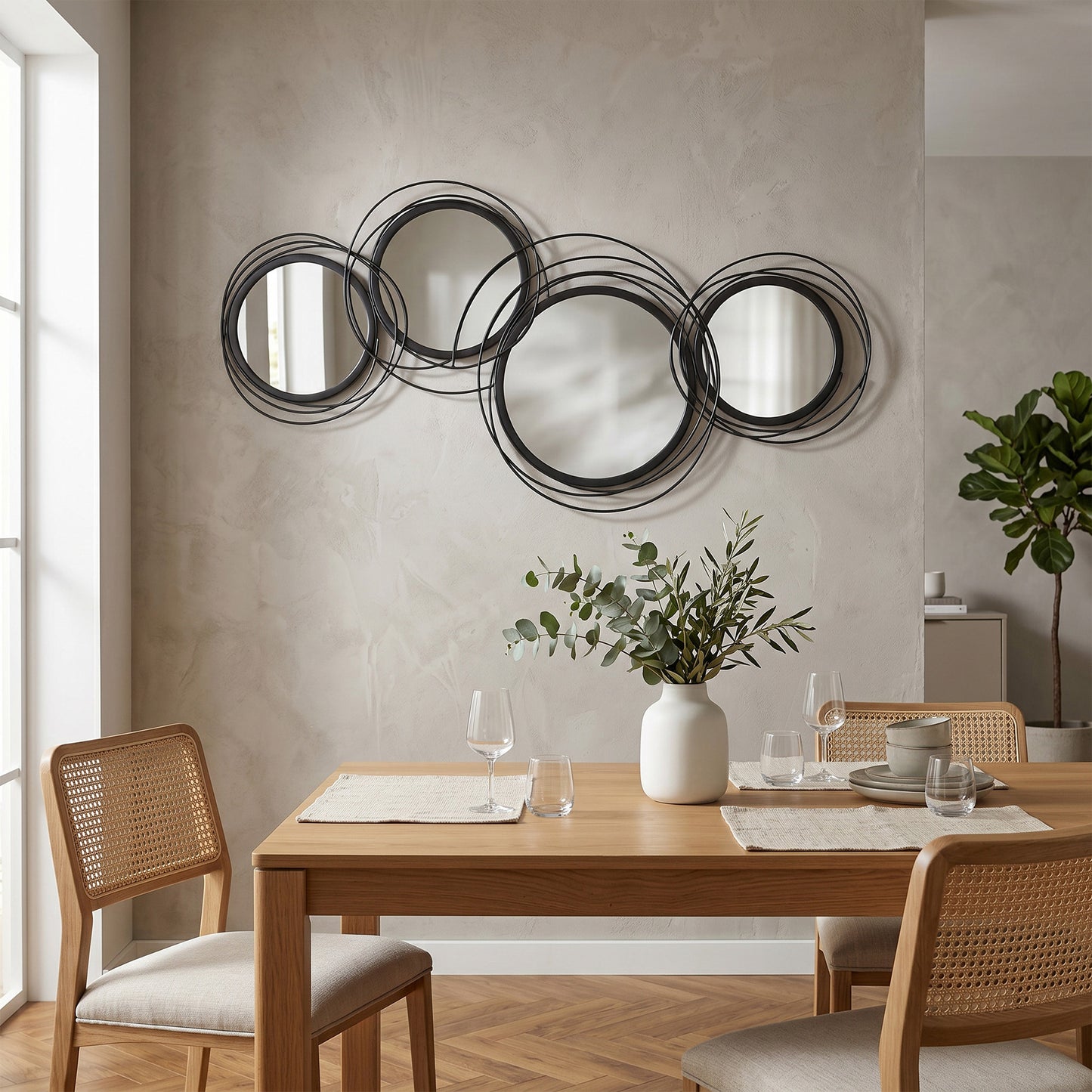 HOMCOM Metal Wall Art 56cm Four Mirror Panels Modern Decorative Wall Decor Black Finish Living Room Dining Room