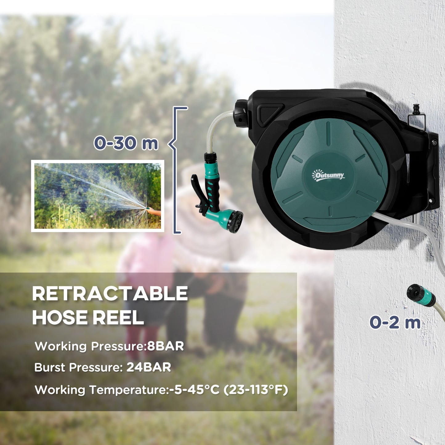 Outsunny Retractable Wall Mounted Hose Reel 30m Garden Hose With Auto Rewind 180 Degree Swivel 7 In 1 Nozzle Green
