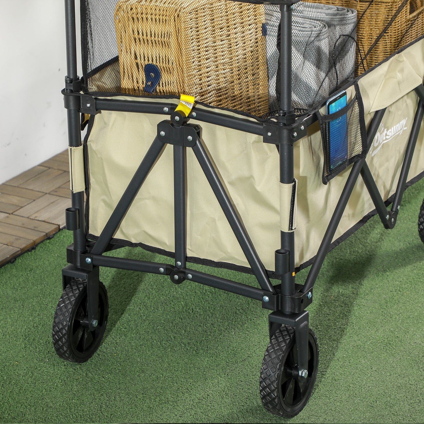 Outsunny Versatile Khaki Folding Trolley Wagon Cart with Extendable Side Walls for Beach and Camping - 180L Capacity - ALL4U RETAILER LTD