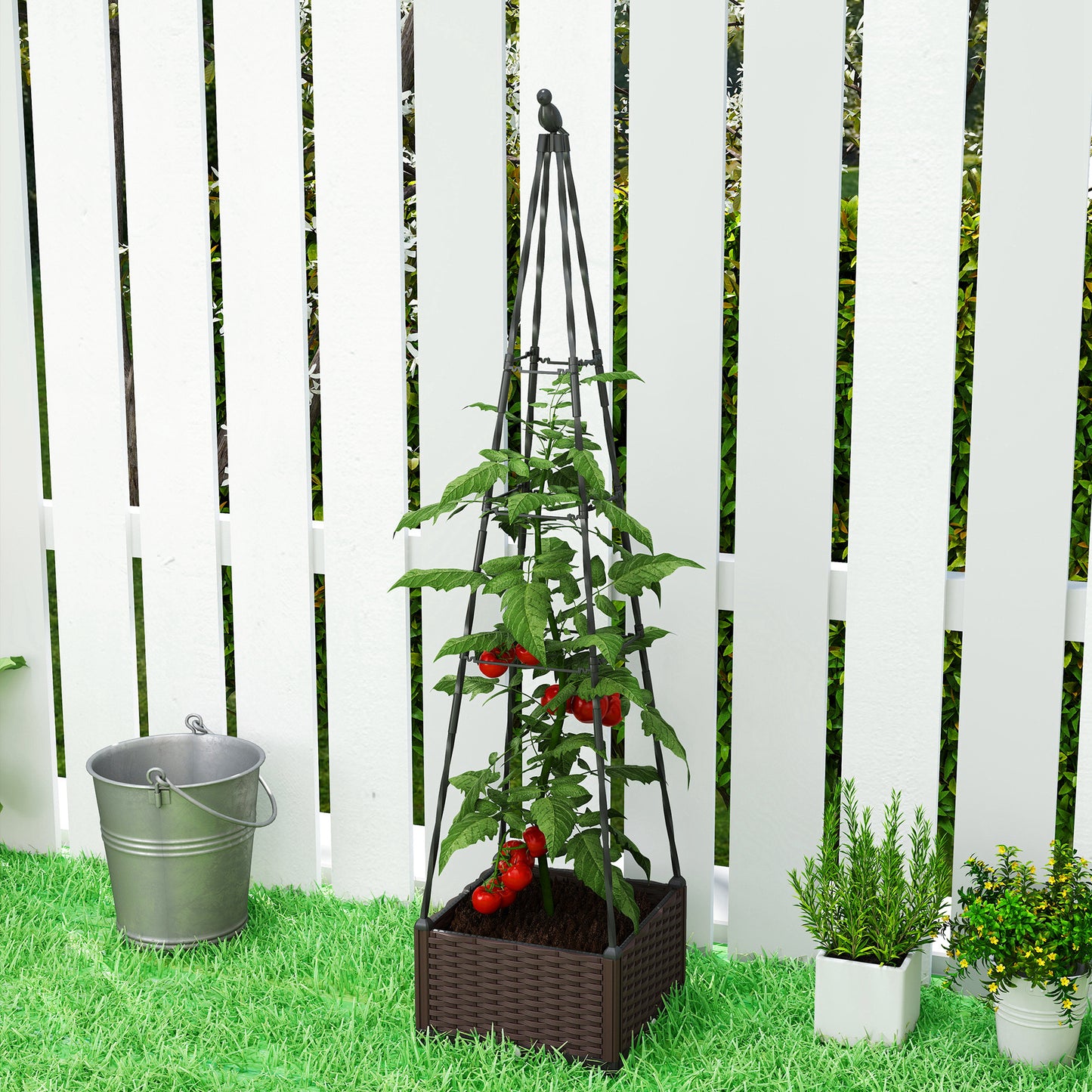Outsunny Raised Garden Bed With Trellis Self Watering Planter Box Drainage Holes And Plugs