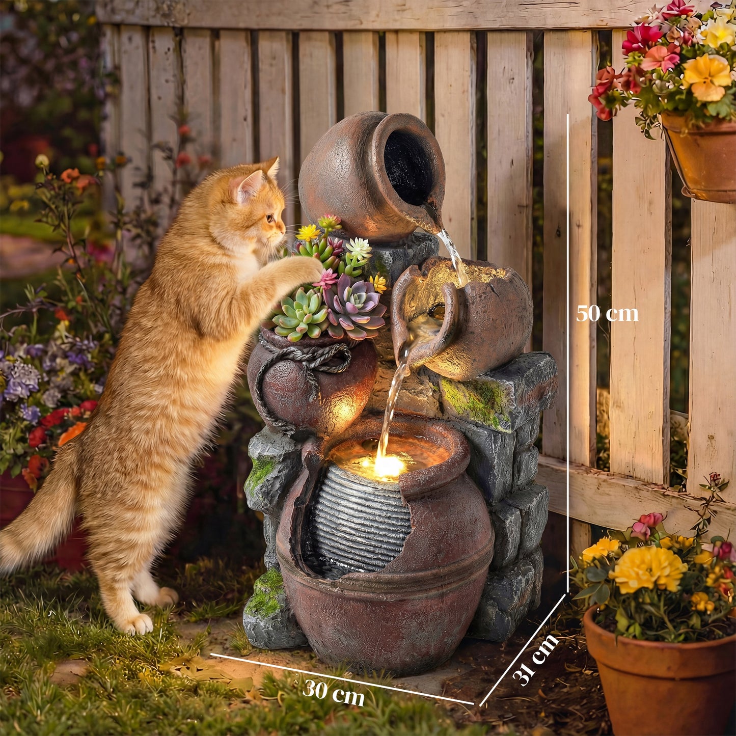Outsunny 4-Tier Outdoor Fountain With Planter And LED Lights In Rustic Brown Garden Decor