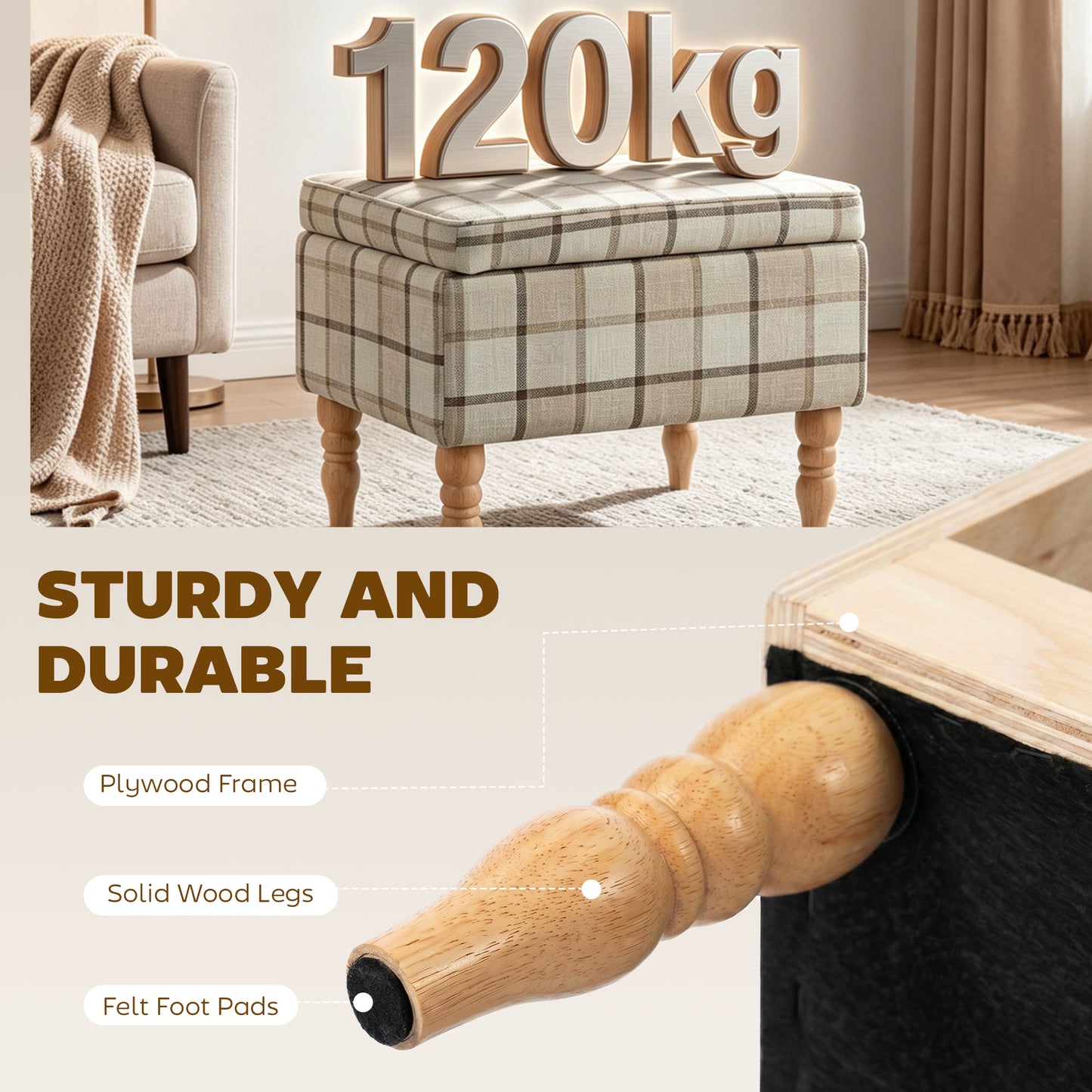 HOMCOM Linen Fabric Upholstered Storage Ottoman Rectangular Footstool With Removable Top Tray Table Hidden Space Brown