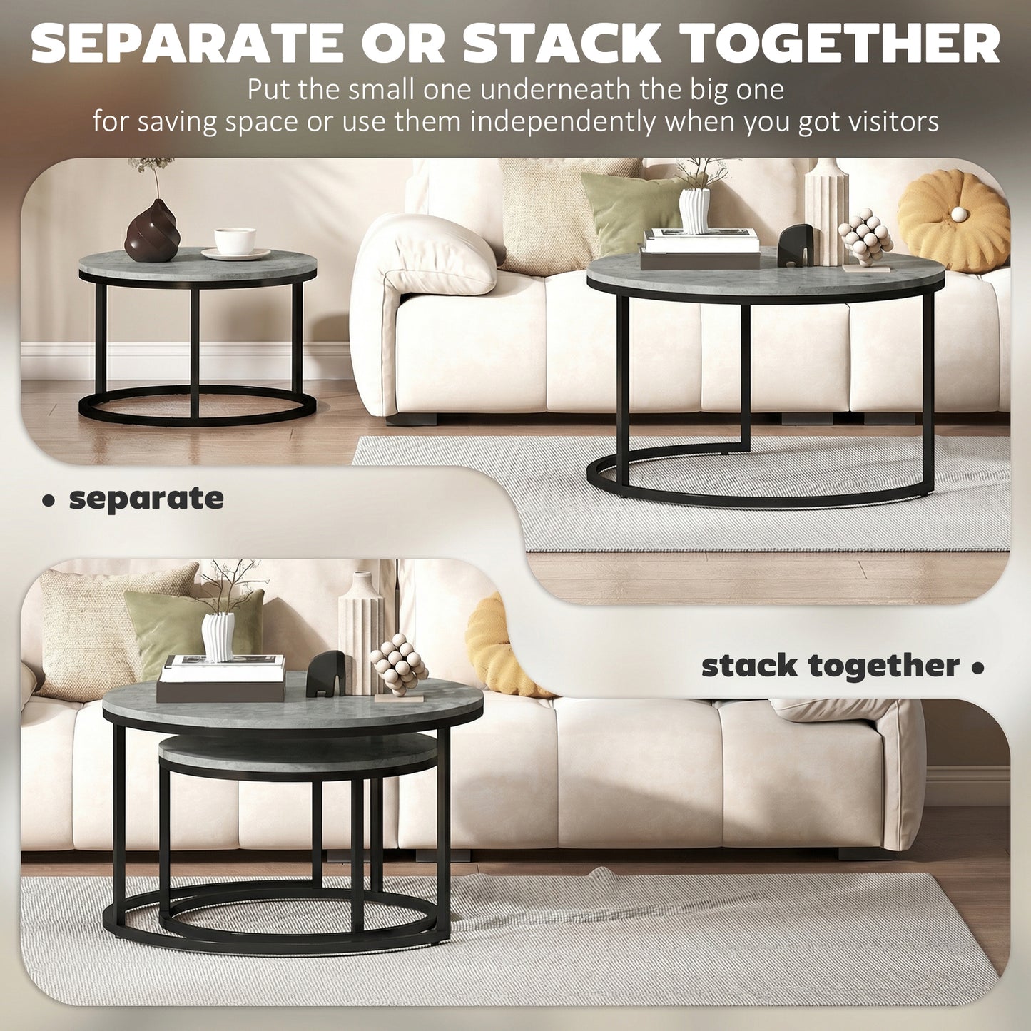 HOMCOM Cement Effect Stacking Tables Two Piece Set In Grey For Space Saving Overlapping Design