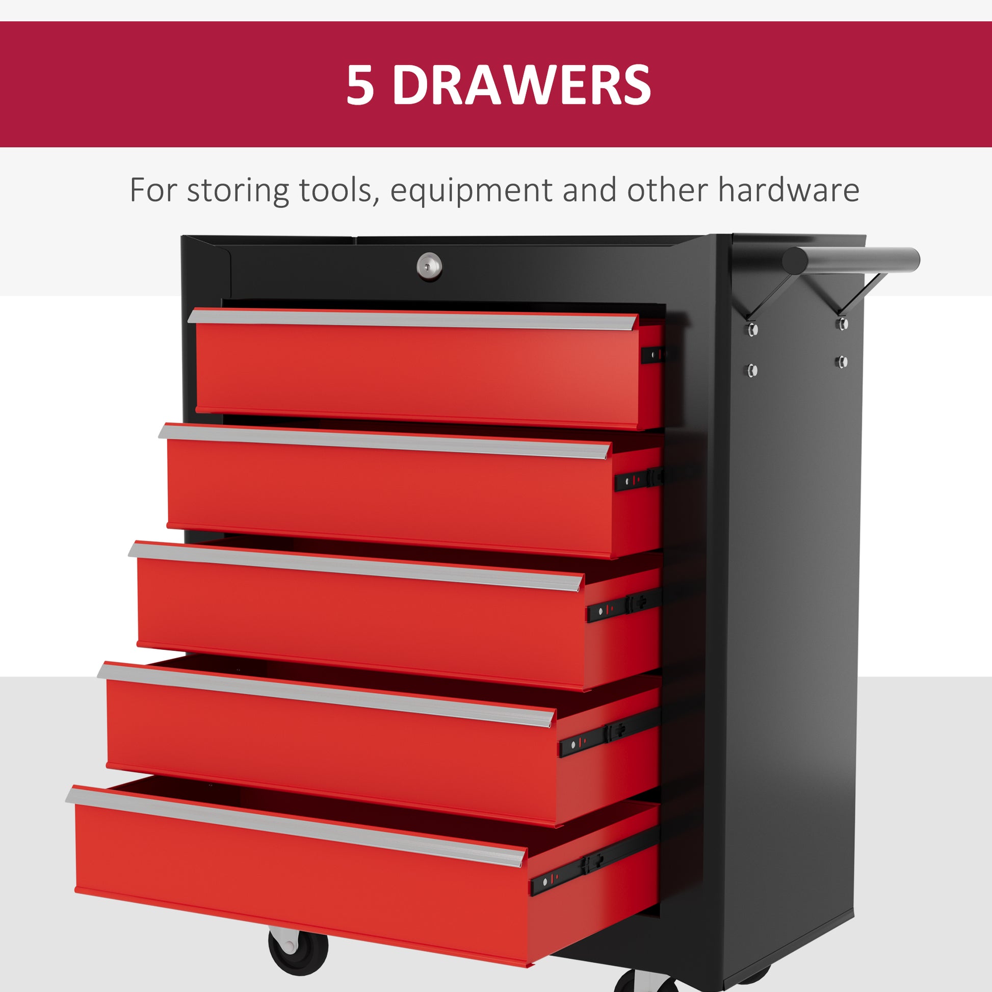 HOMCOM Rolling 5-Drawer Steel Tool Cabinet with Lock and Handle, Red Storage Solution for Garage and Workshop - ALL4U RETAILER LTD