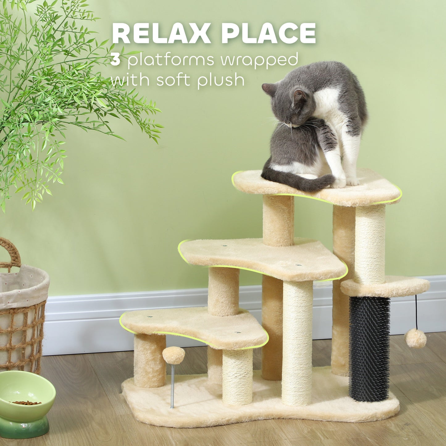 PawHut Beige 2-in-1 Cat Tree and Pet Stairs with Scratching Post and Toy Balls