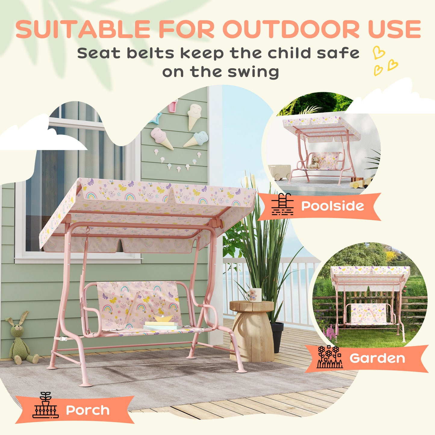 AIYAPLAY Kids Garden Swing Chair With Adjustable Canopy Safety Belt 2 Seater Hammock Swing Bench For Patio Porch Pink